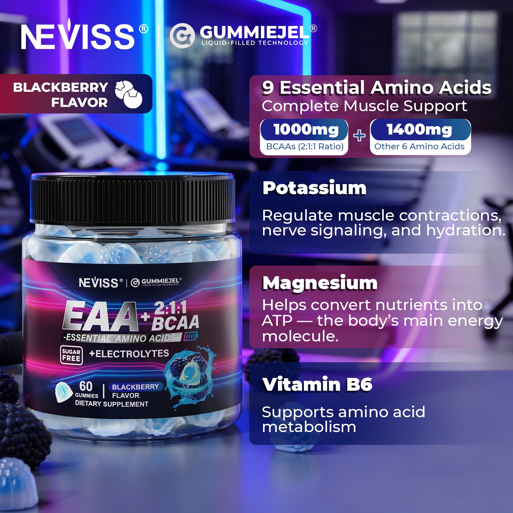 NEVISS EAA Gummies 445g on a wooden table