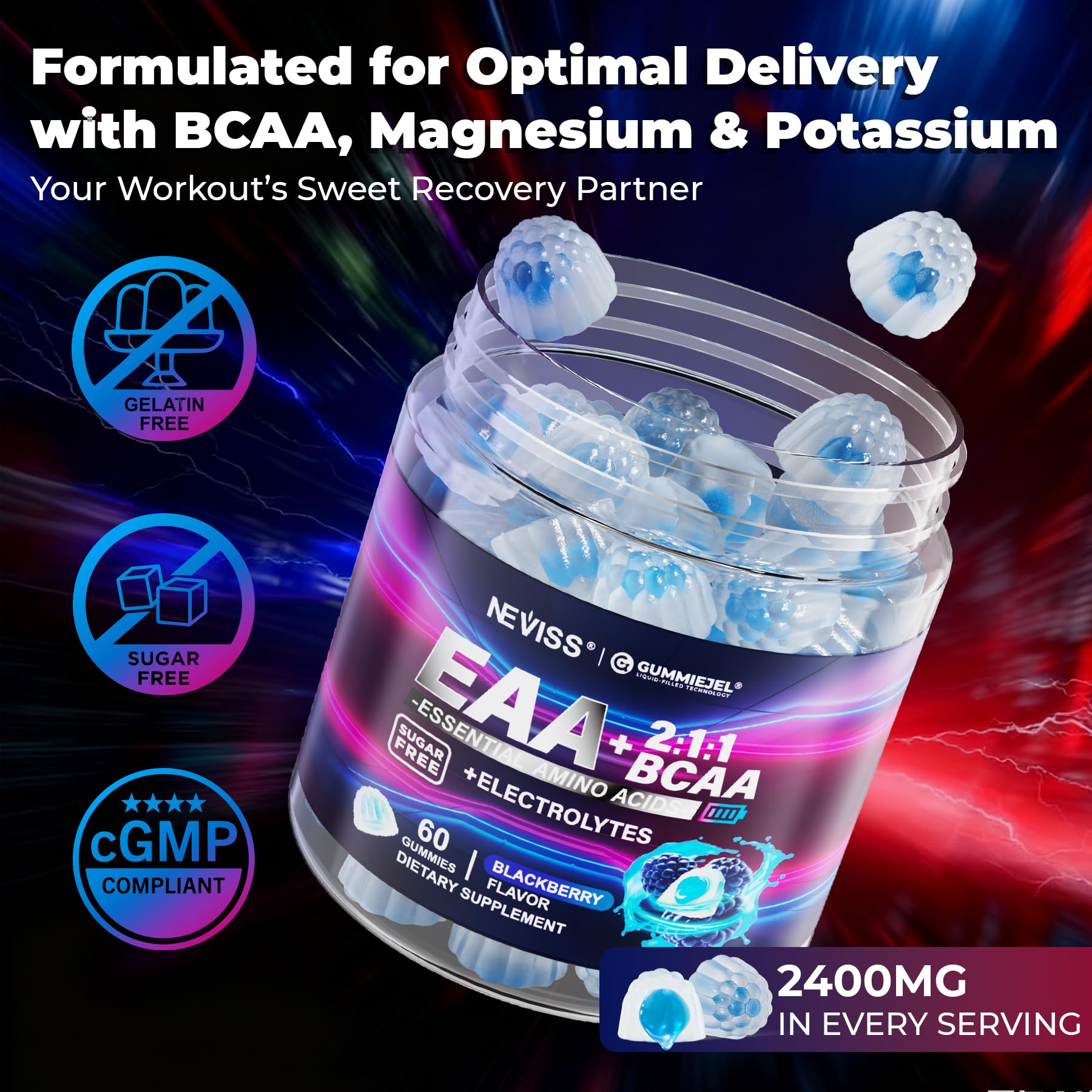 NEVISS EAA Gummies 445g opened package showing gummies