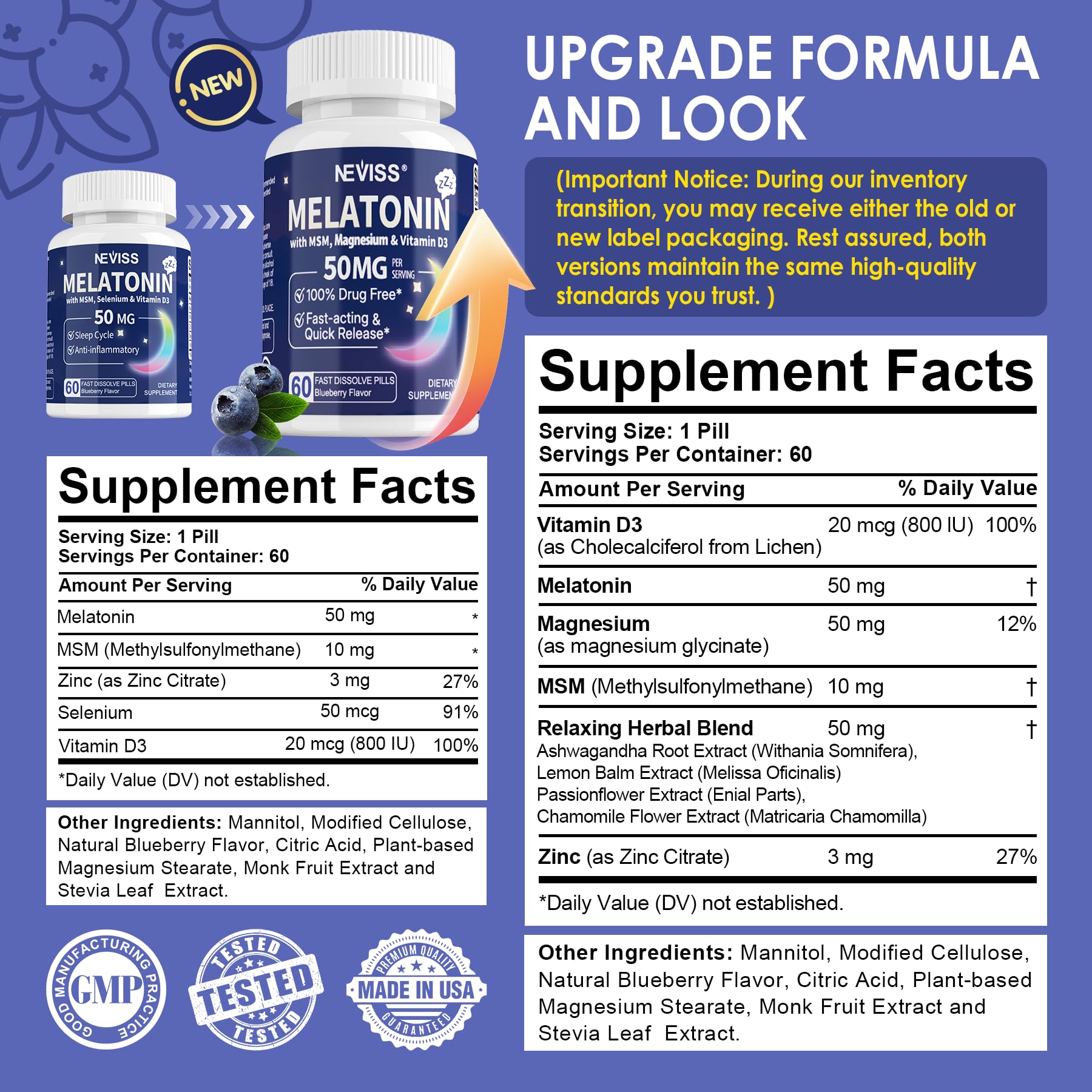 NEVISS Extra Strength Sleep Supplement 50mg Melatonin back view