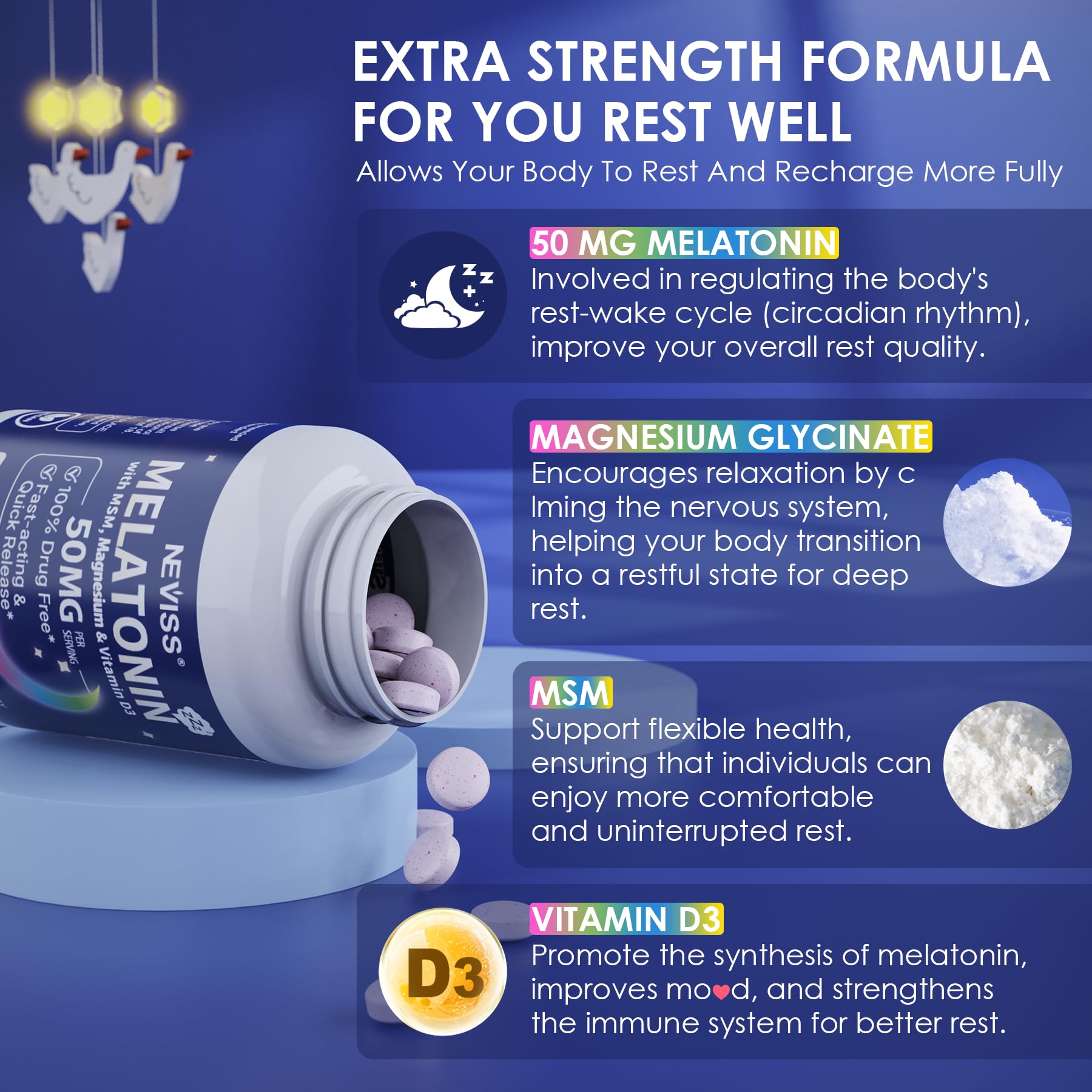 NEVISS Extra Strength Sleep Supplement 50mg Melatonin with ingredients list
