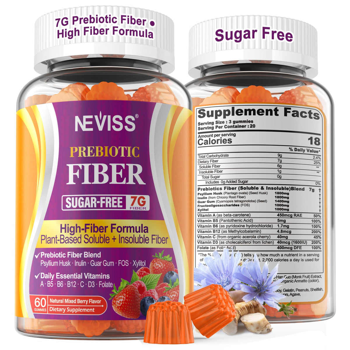 NEVISS Fiber Gummies 200g front view with packaging