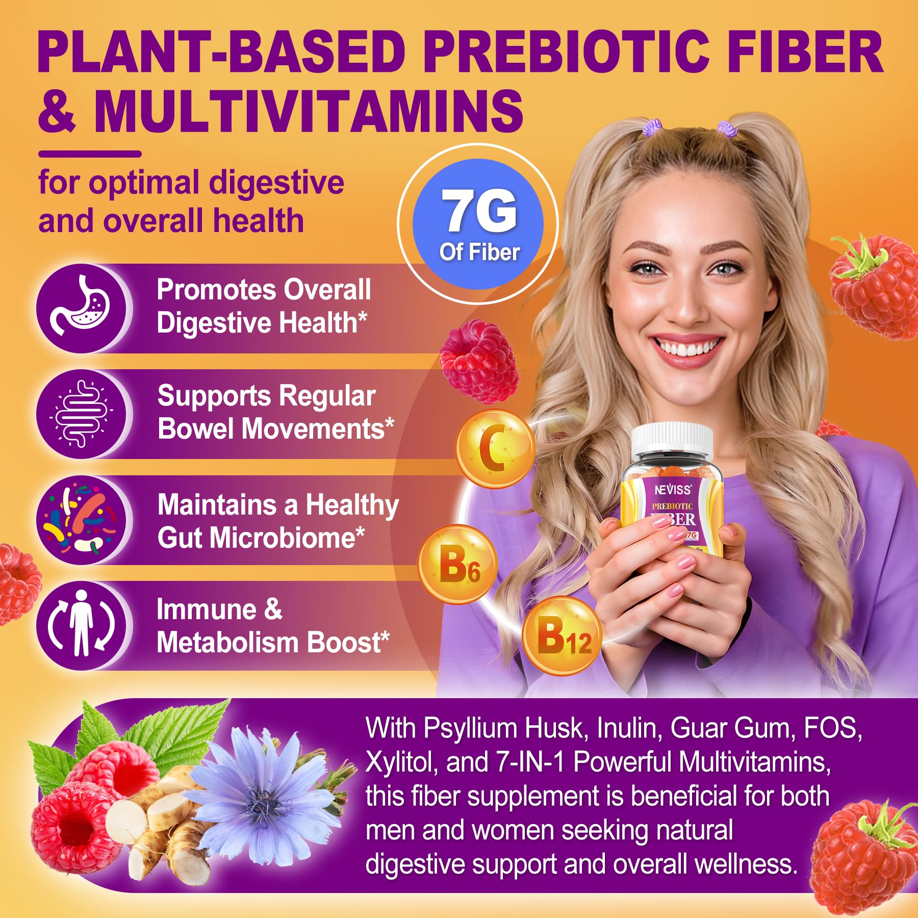 NEVISS Fiber Gummies 200g on a wooden table