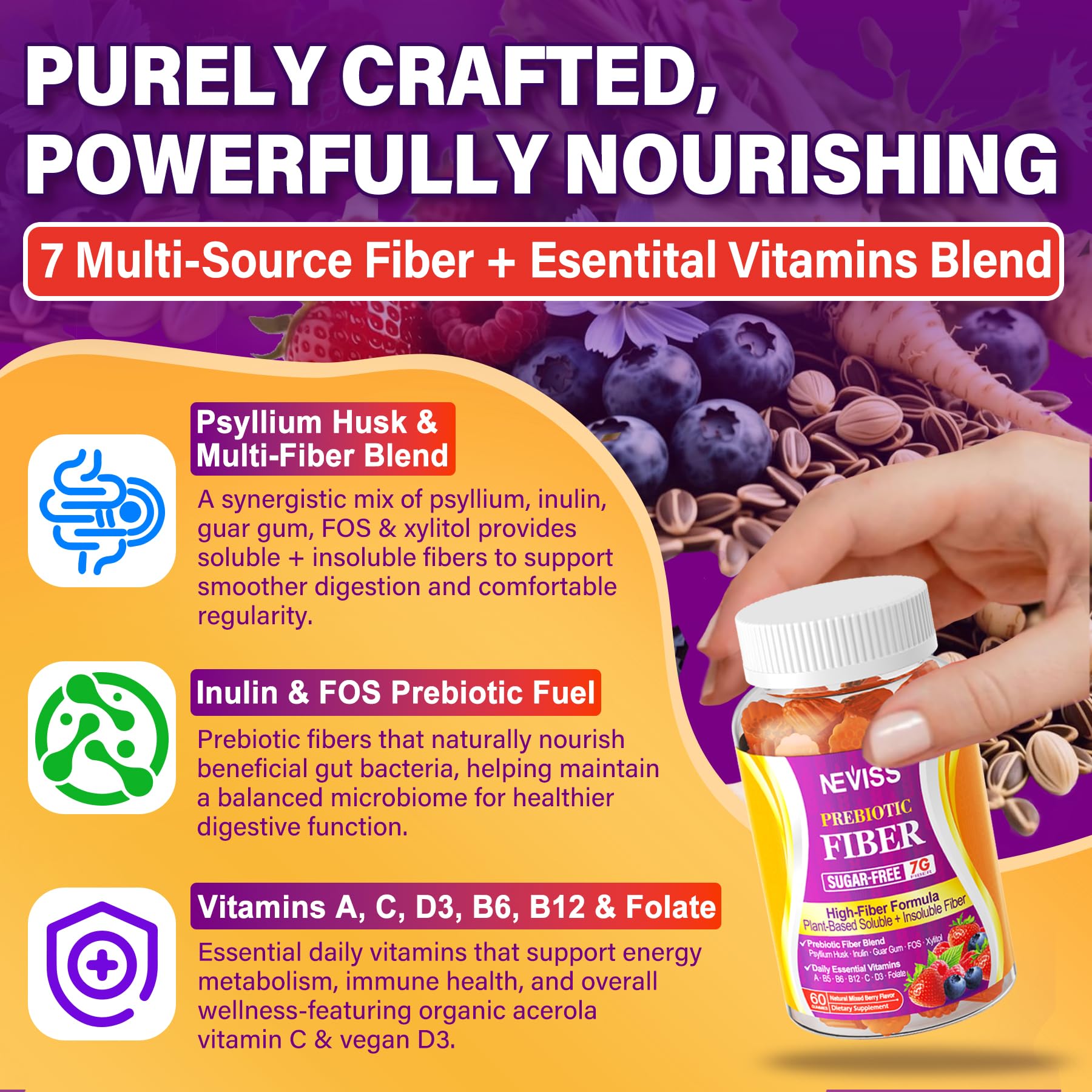 NEVISS Fiber Gummies 200g with a measuring spoon