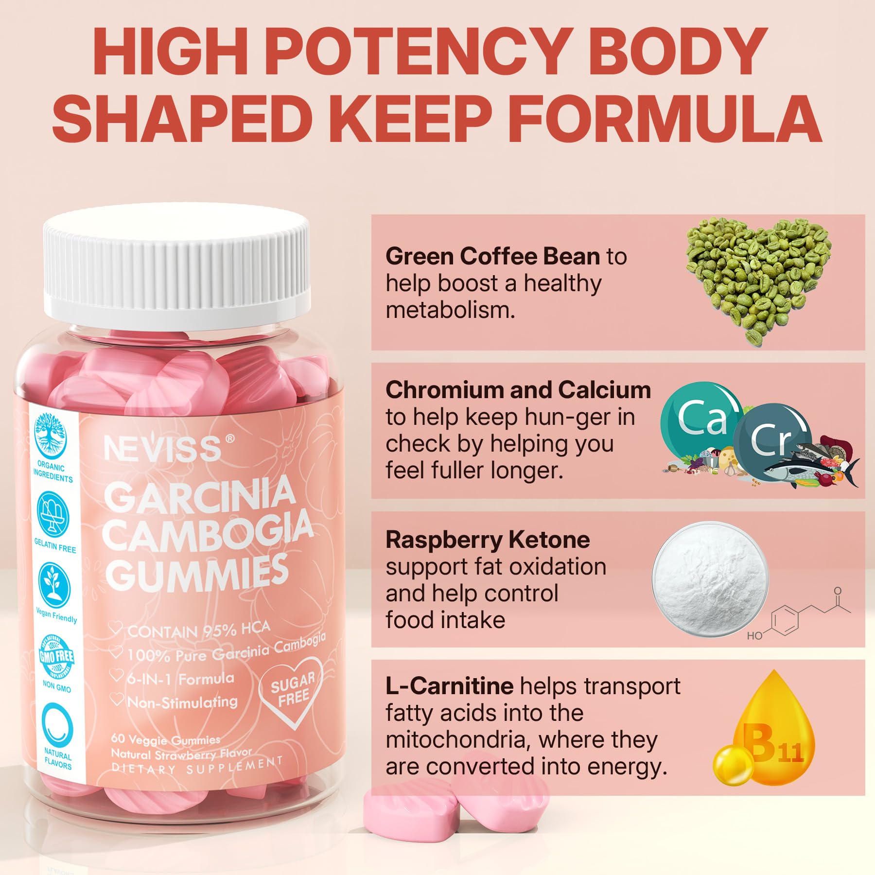 NEVISS Garcinia Cambogia Gummies with fresh strawberries