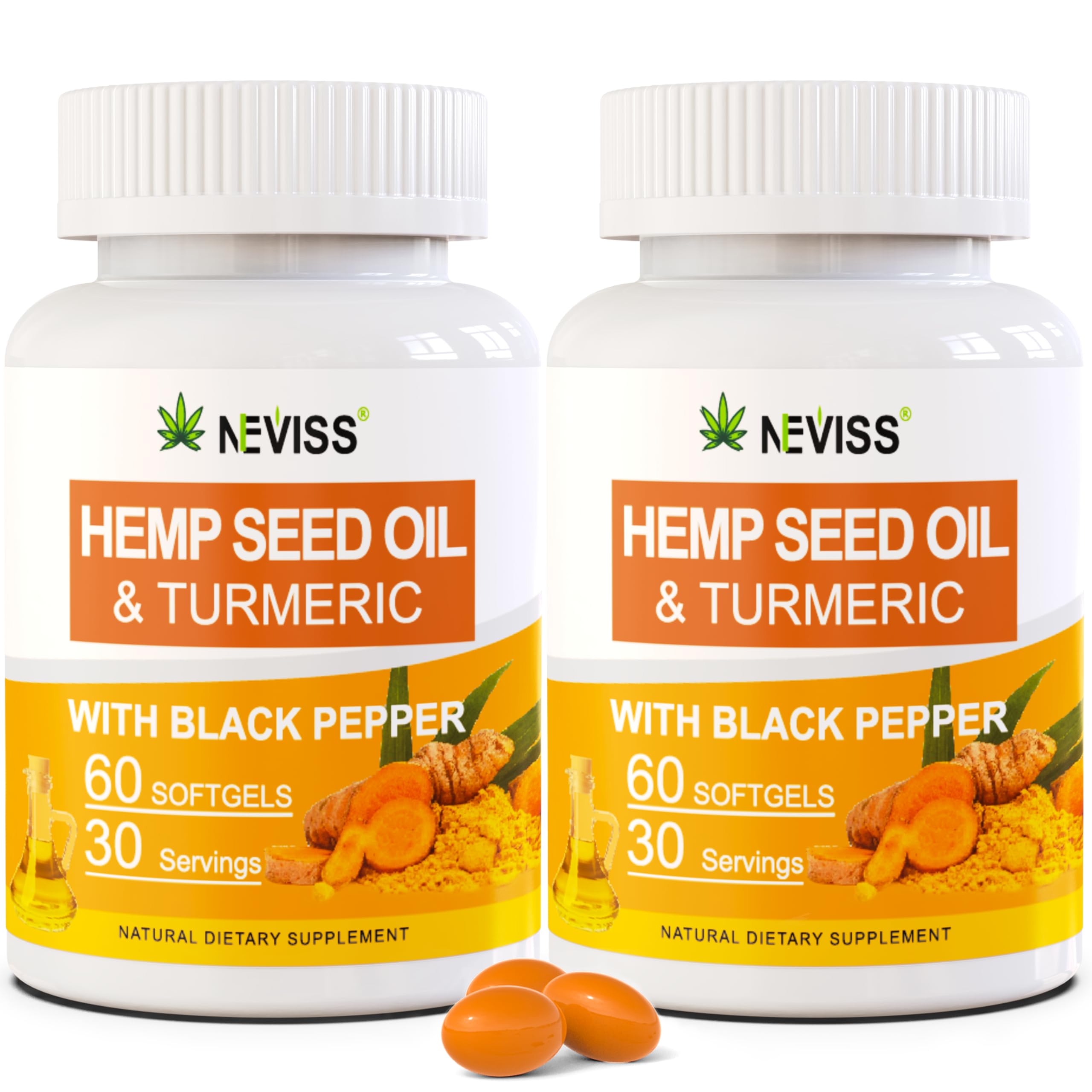 NEVISS Hēmp Capsules front view with turmeric and black pepper