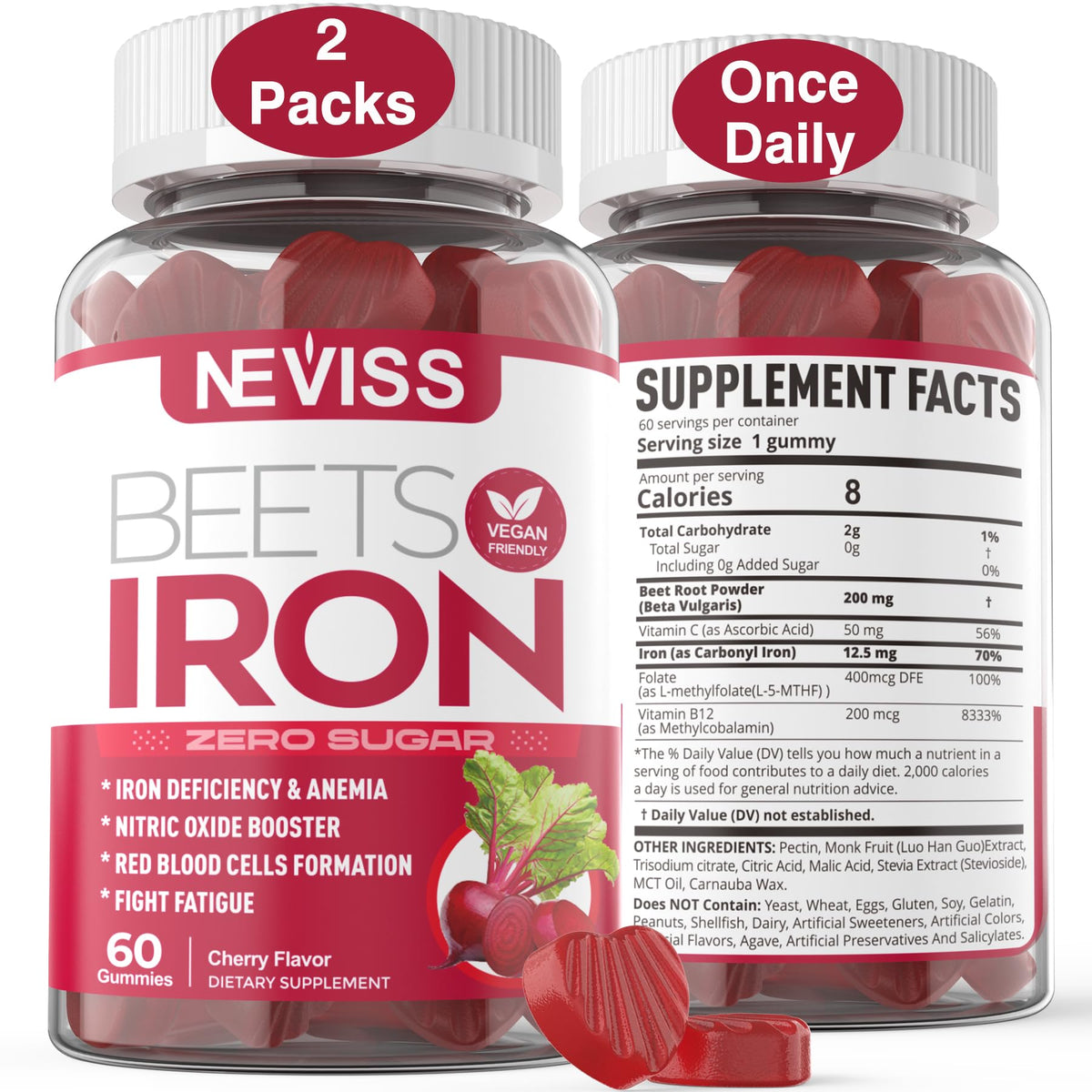 NEVISS Iron Gummies 60 Count cherry flavour front view