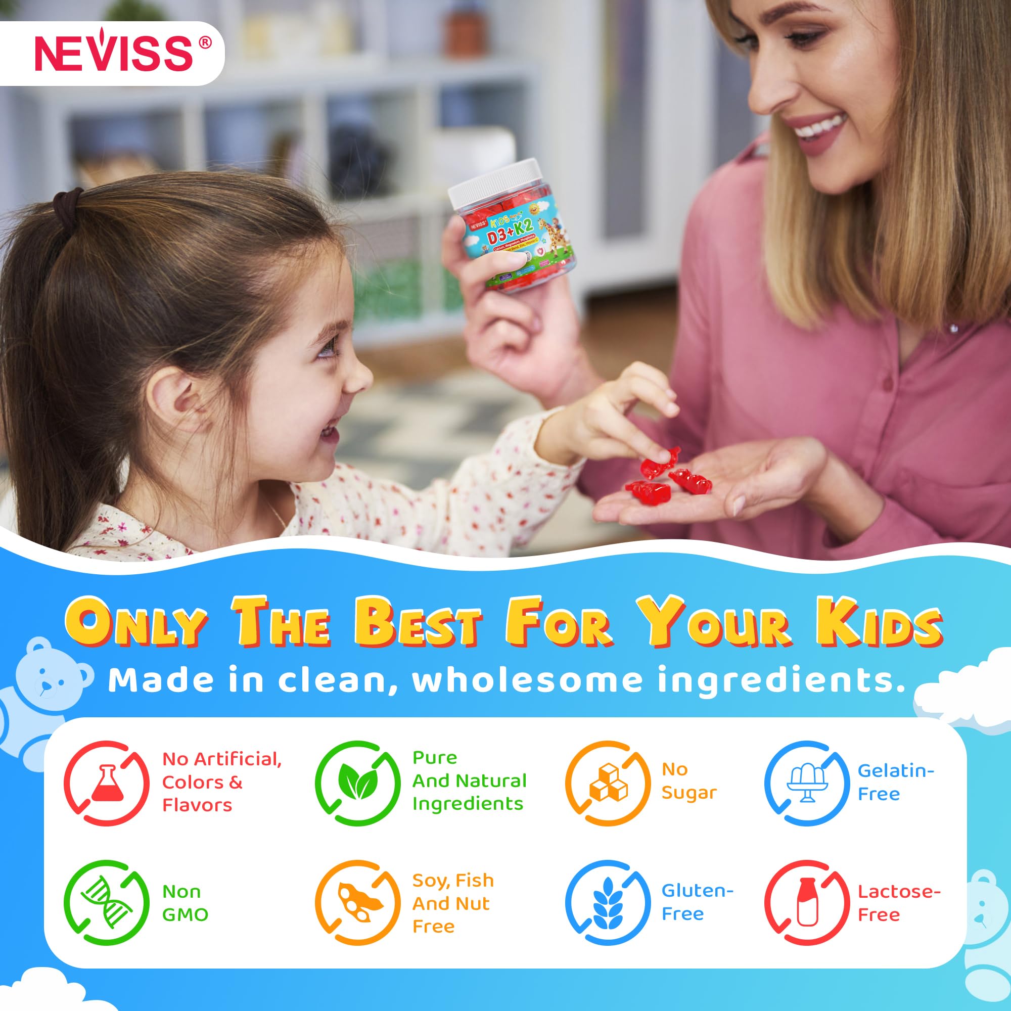 NEVISS Kids D3 K2 Gummies displayed with fruits for a healthy lifestyle