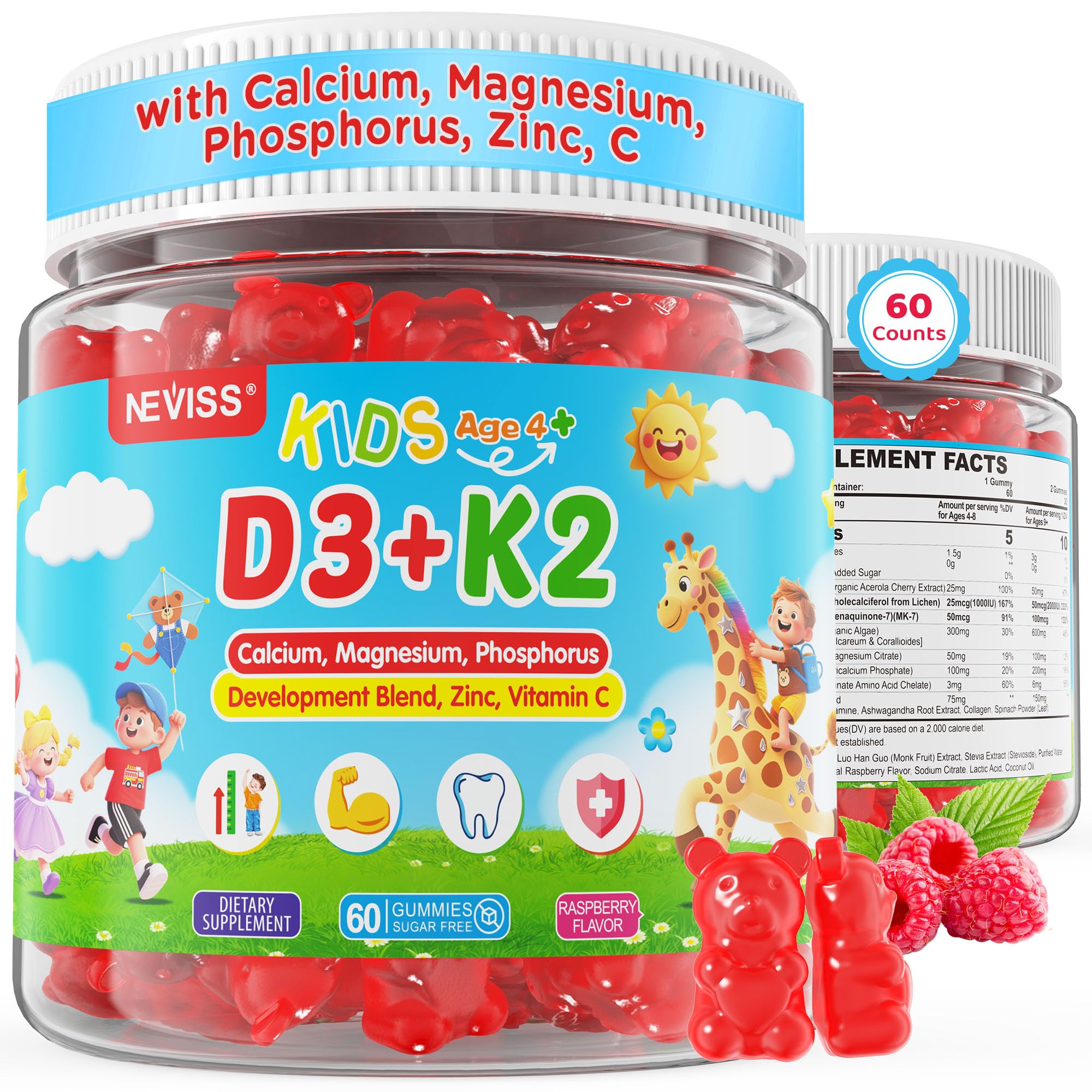 NEVISS Kids D3 & K2 Gummies front view packaging