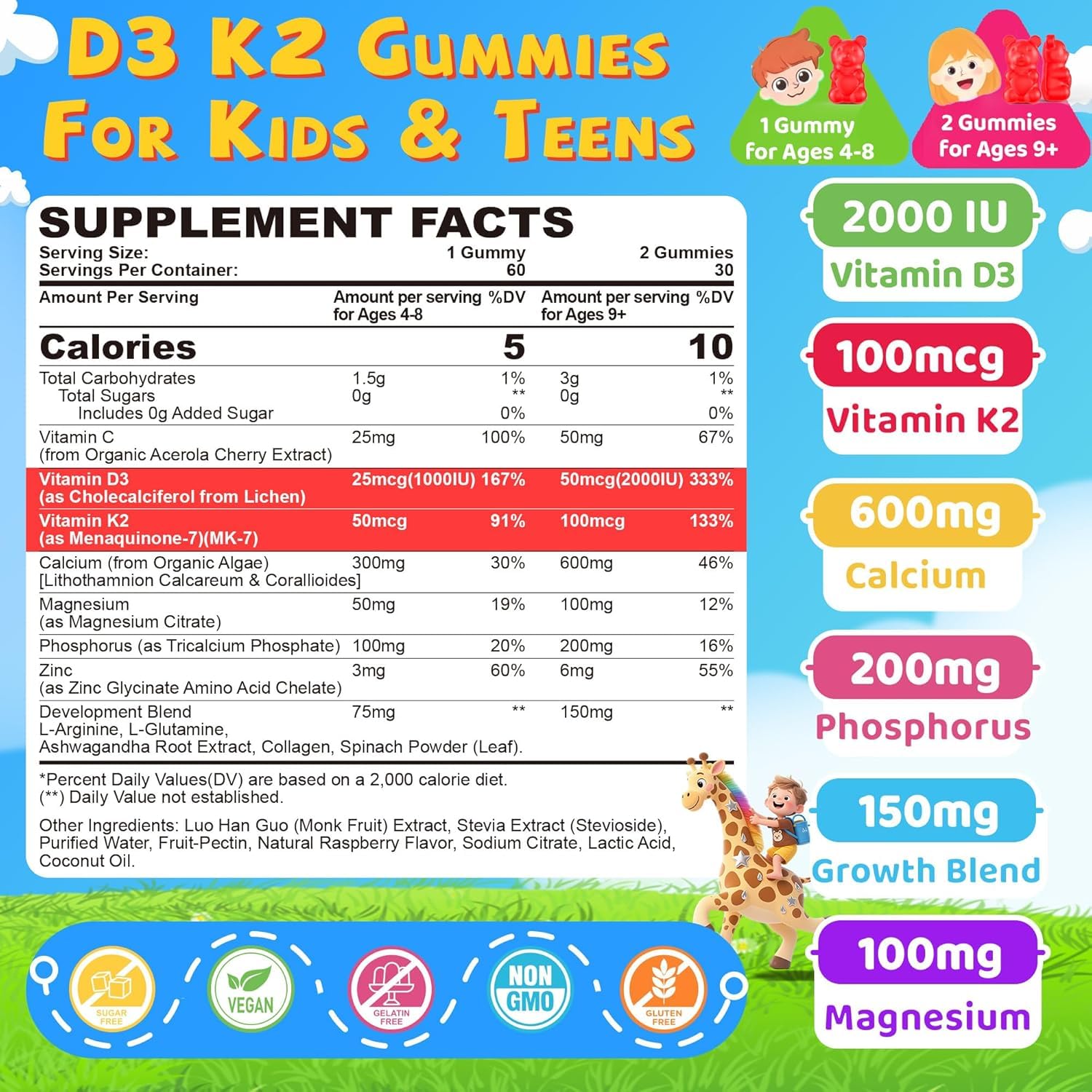 NEVISS Kids D3 & K2 Gummies raspberry flavour gummies