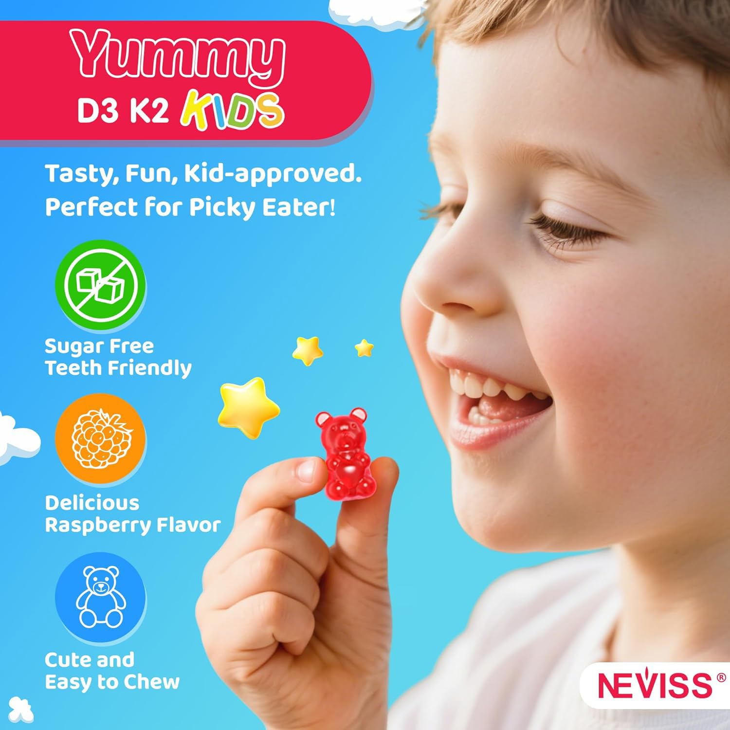 NEVISS Kids D3 & K2 Gummies with a measuring spoon