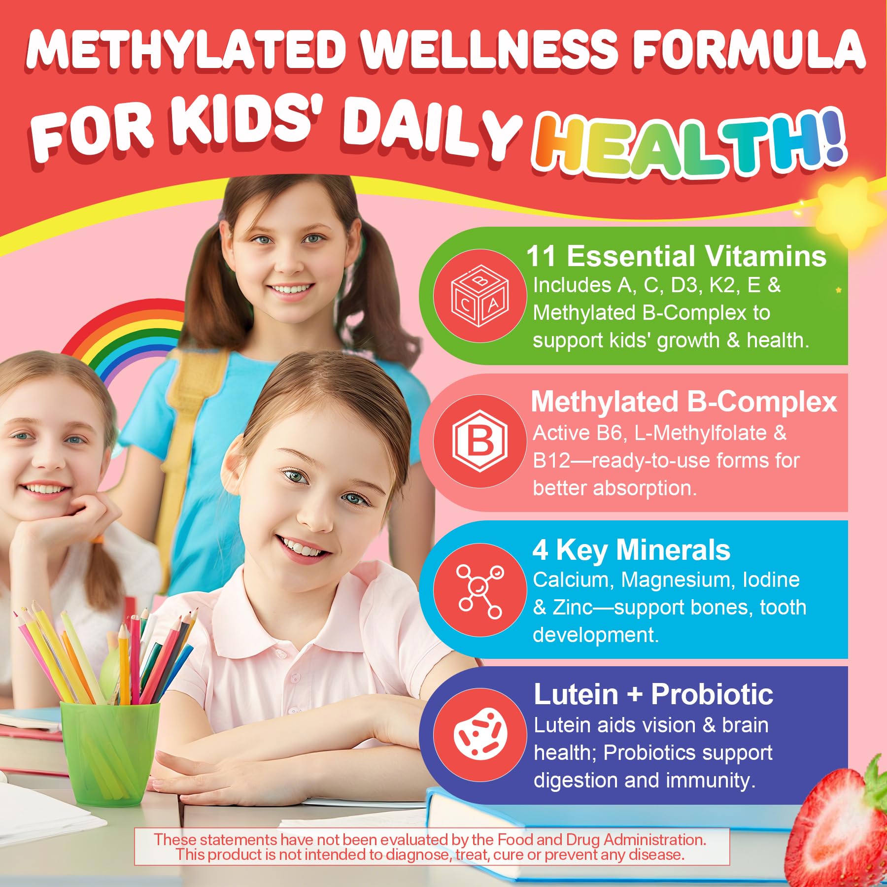 NEVISS Kids Methylated Multivitamin Gummies on a wooden table