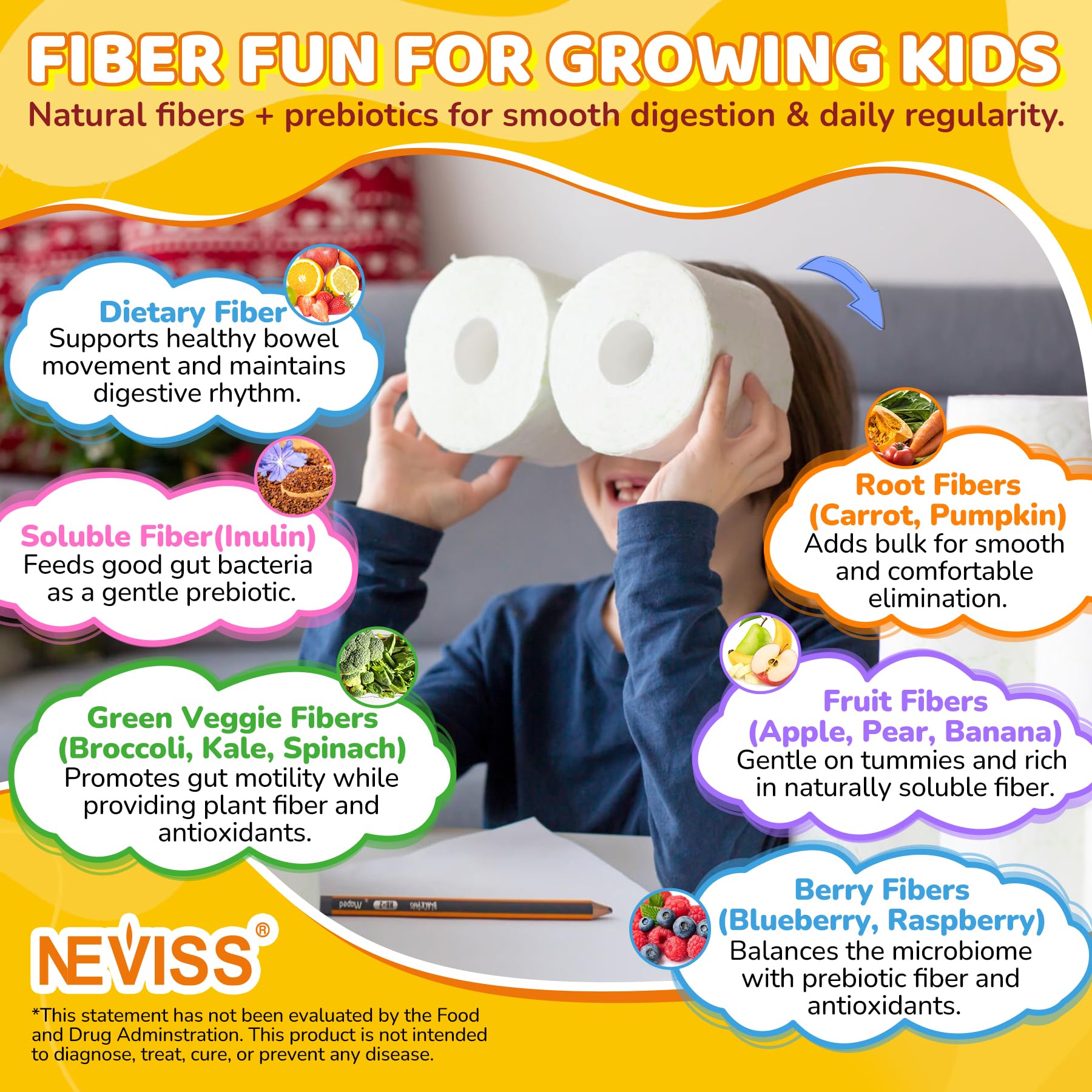 NEVISS Kids Probiotic & Fiber Gummies on a wooden table