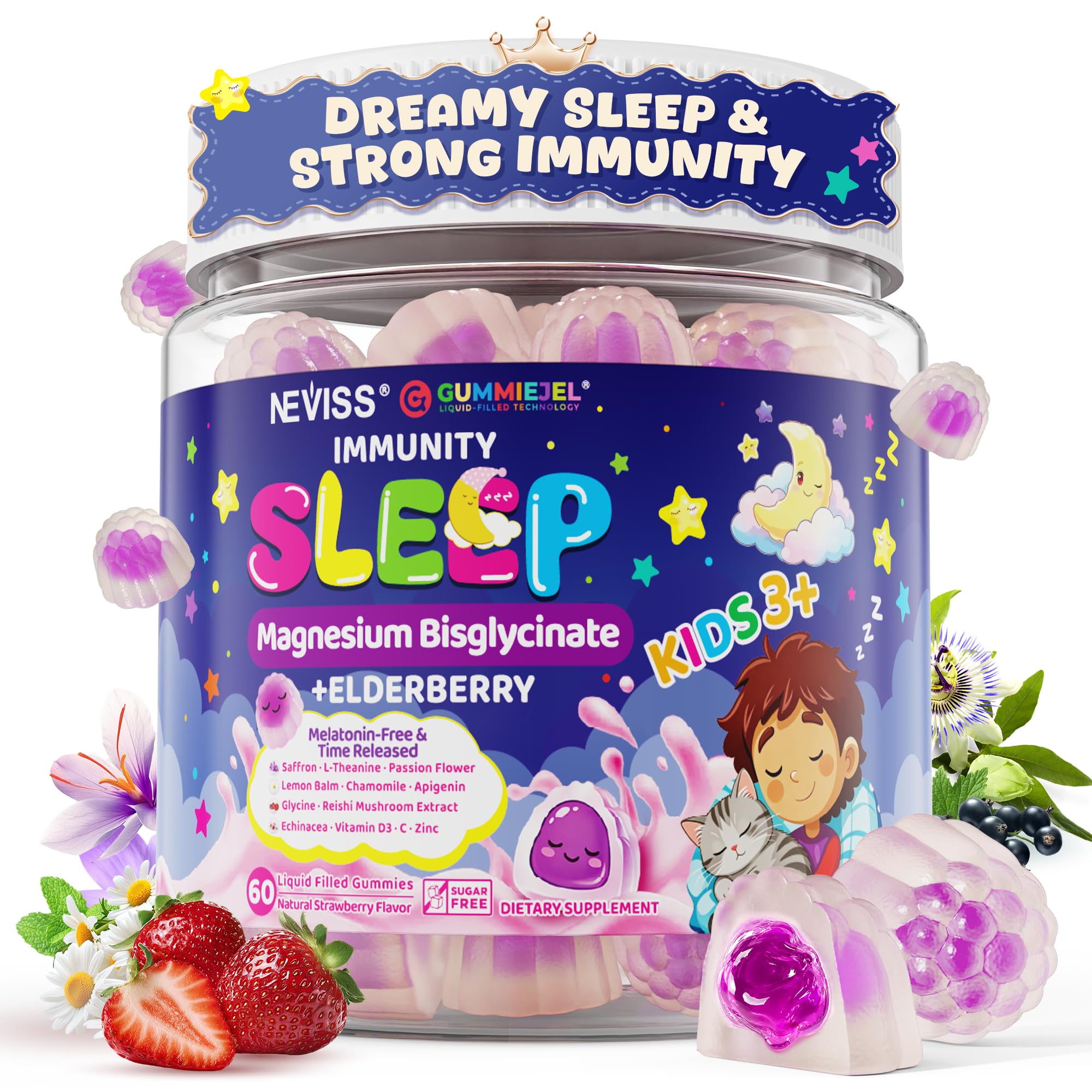 NEVISS Kids Sleep & daily wellness Gummies front view with packaging