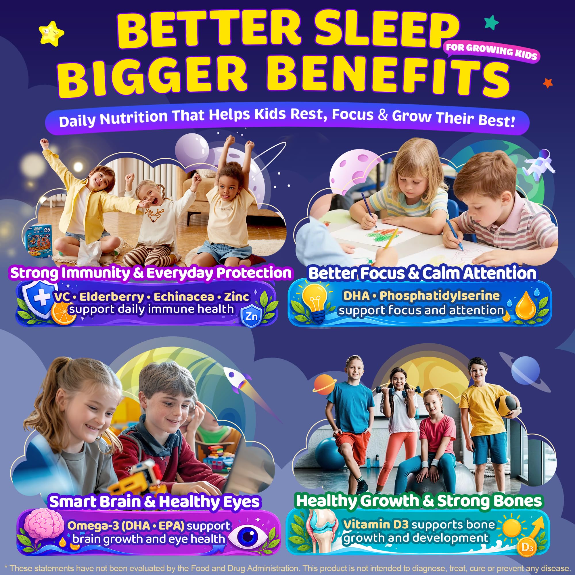NEVISS Kids Sleep & daily wellness Gummies showing ingredients list