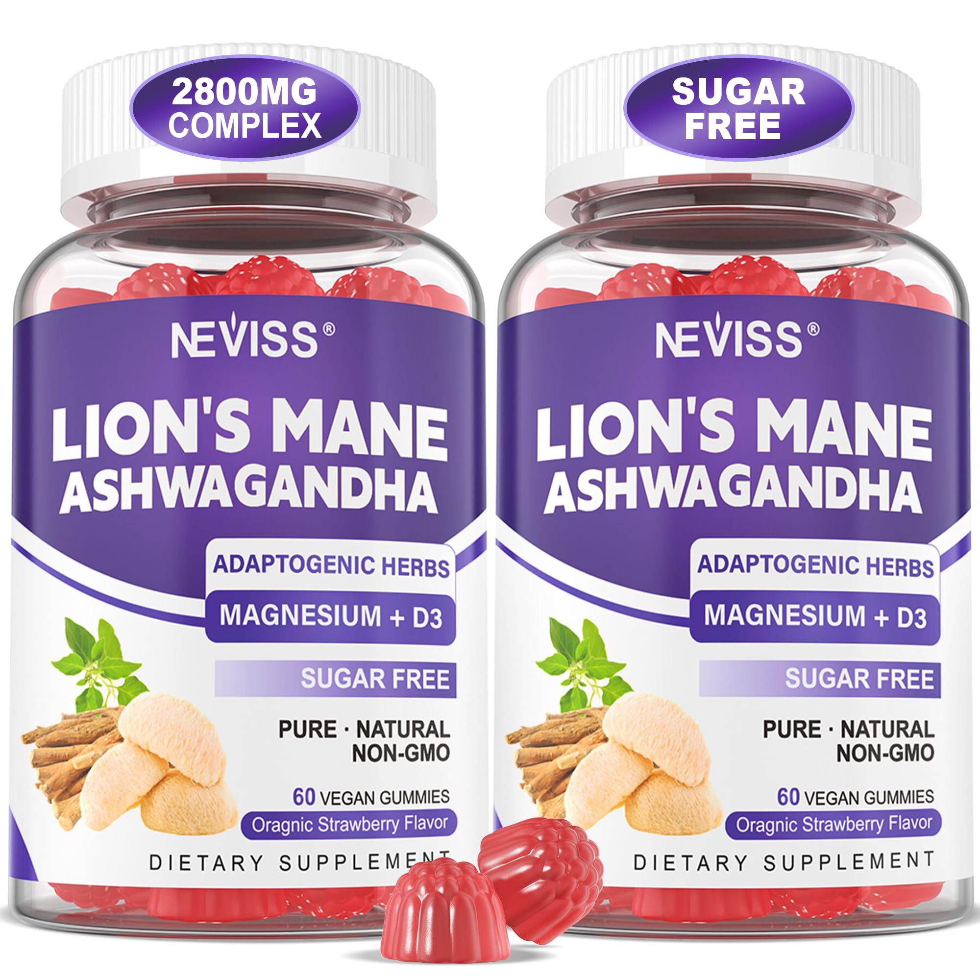 NEVISS Lion's Mane & Ashwagandha Gummies front view packaging