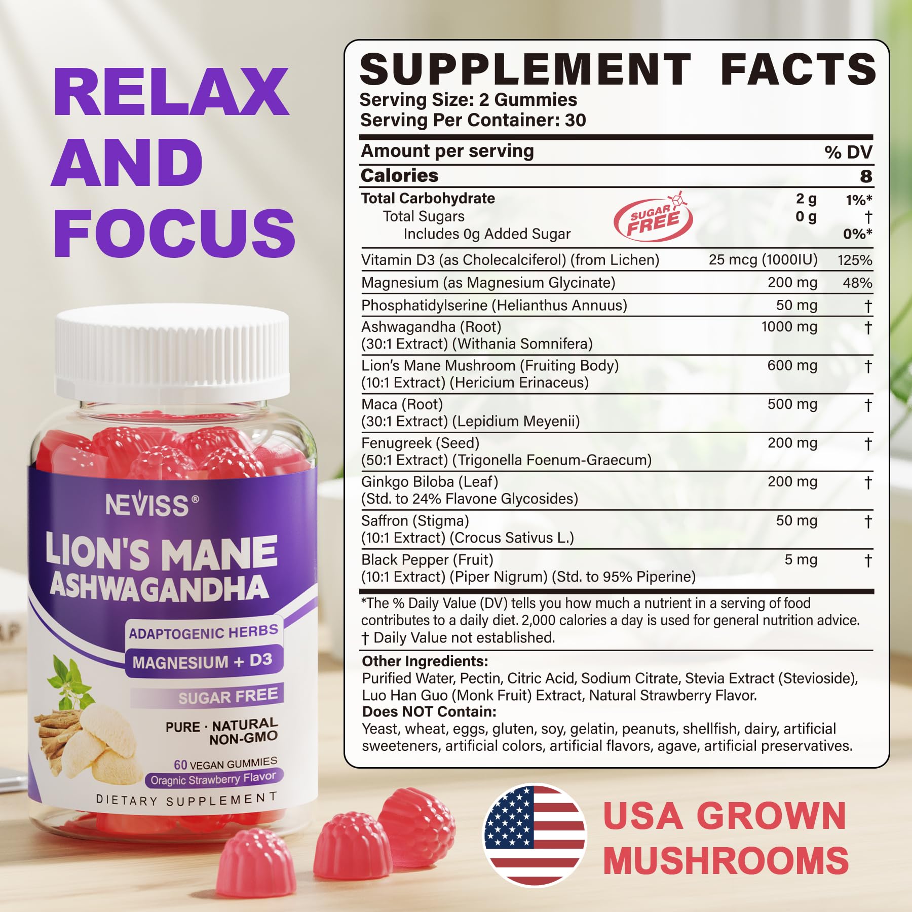 NEVISS Lion's Mane & Ashwagandha Gummies strawberry flavour