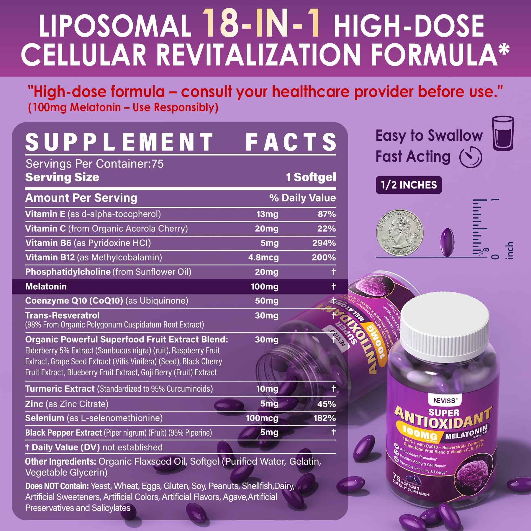 NEVISS Liposomal Melatonin 100mg softgel back view