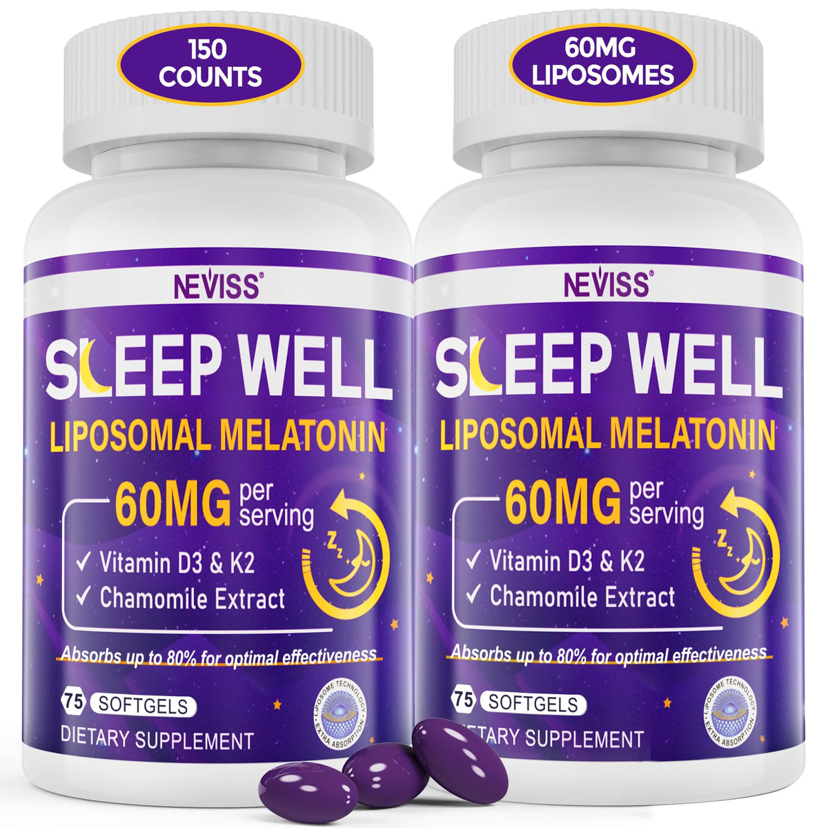 NEVISS Liposomal Melatonin 60mg supplement capsules front view