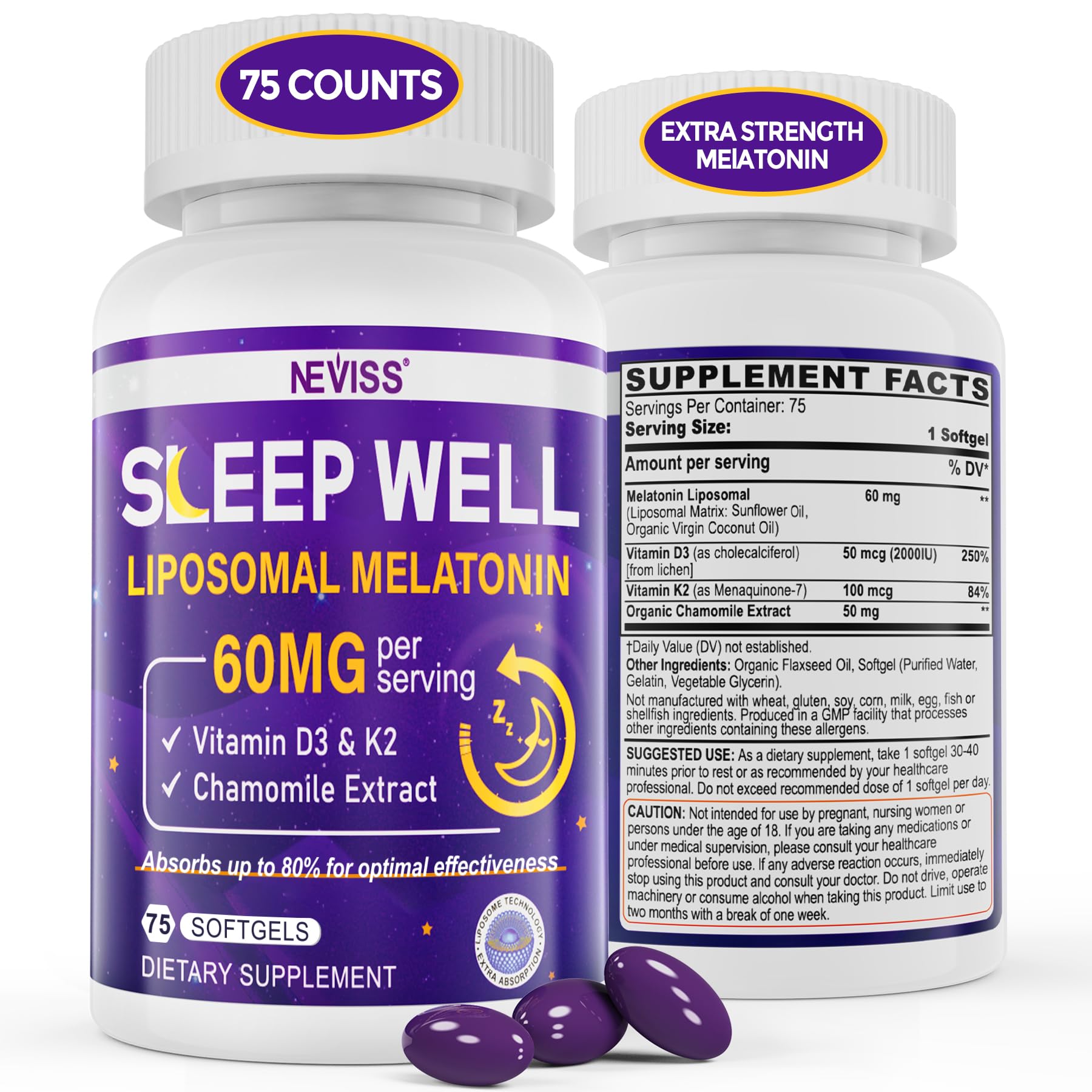 NEVISS Liposomal Melatonin 60mg supplement front view