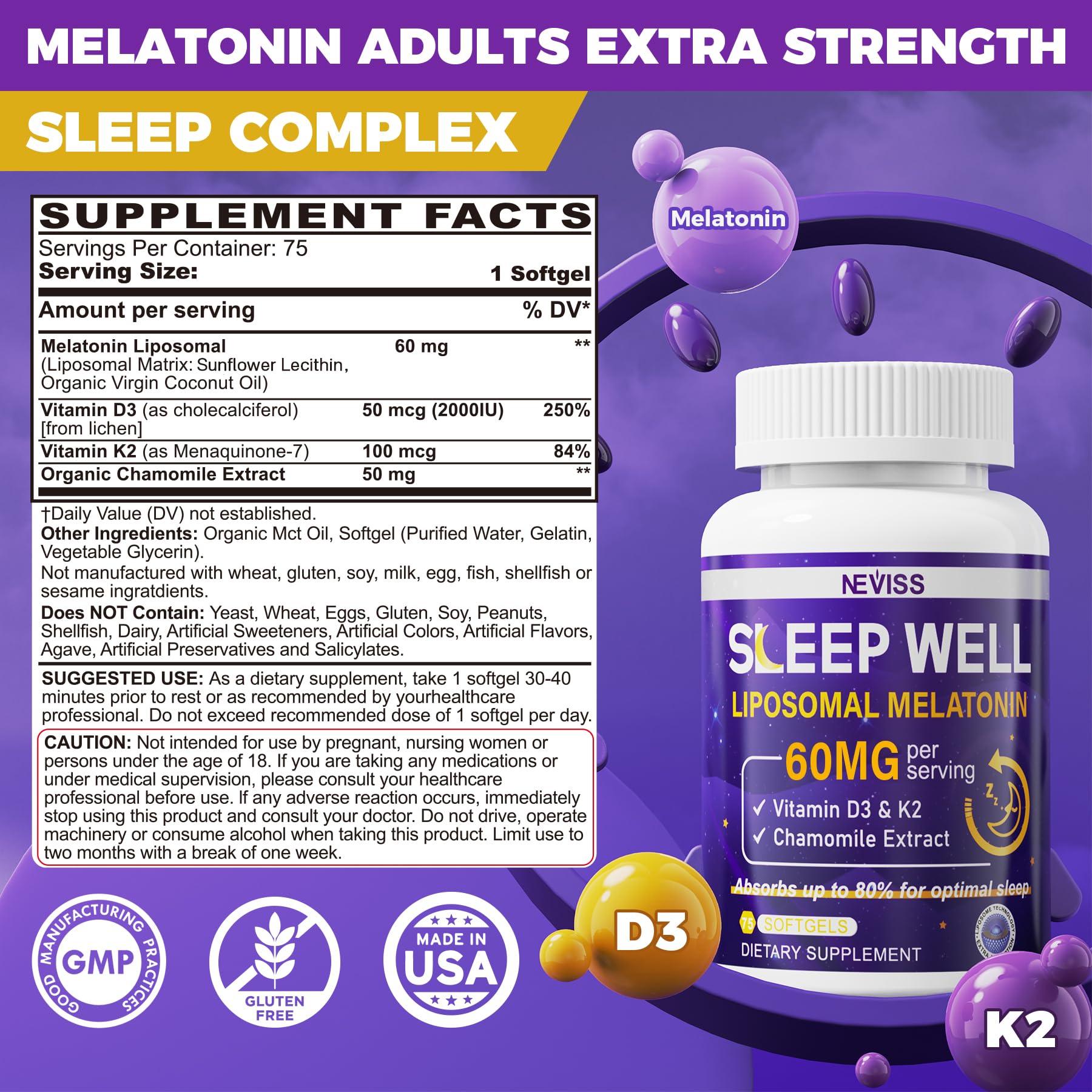 NEVISS Liposomal Melatonin 60mg supplement side view