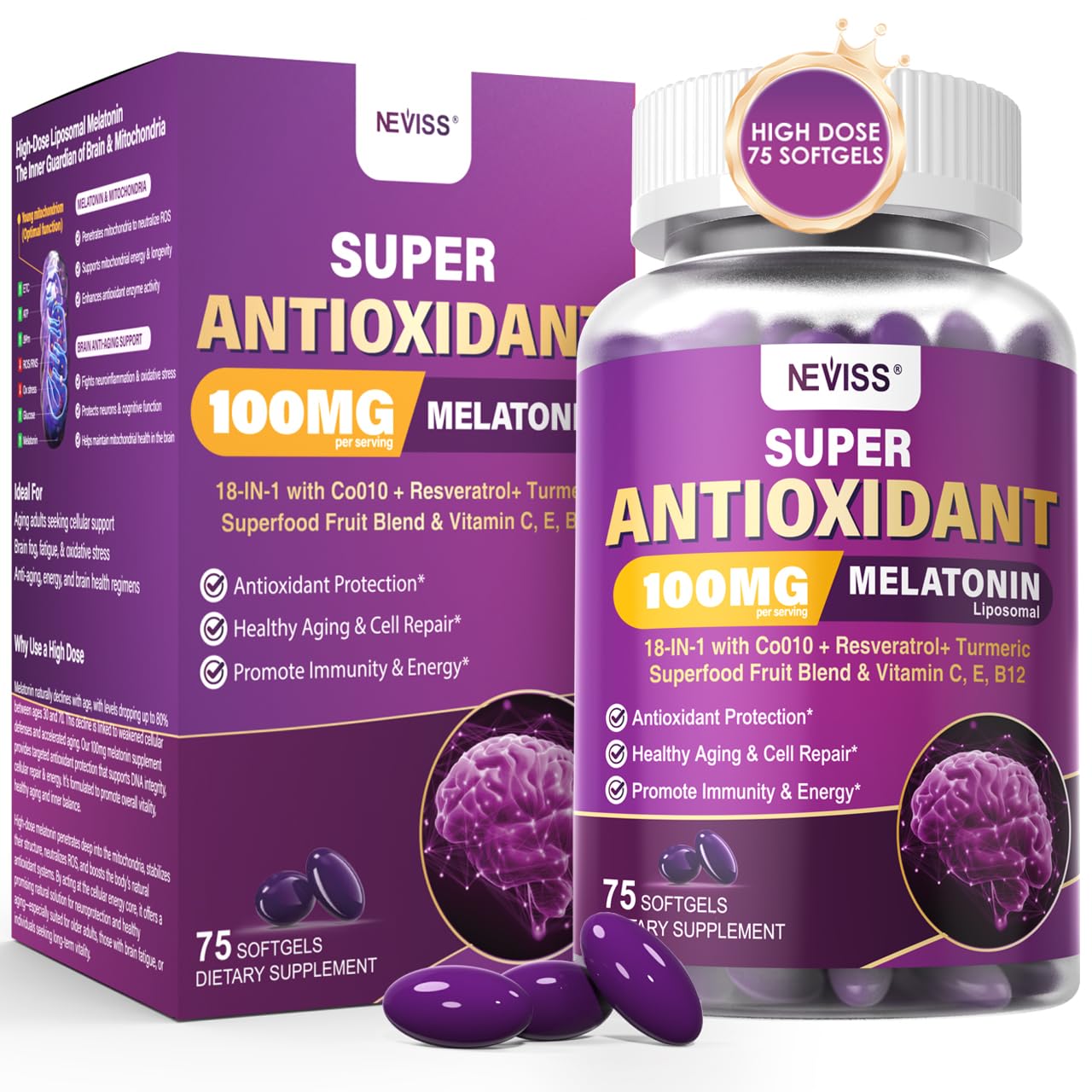 NEVISS Liposomal Melatonin Softgels 100mg front view