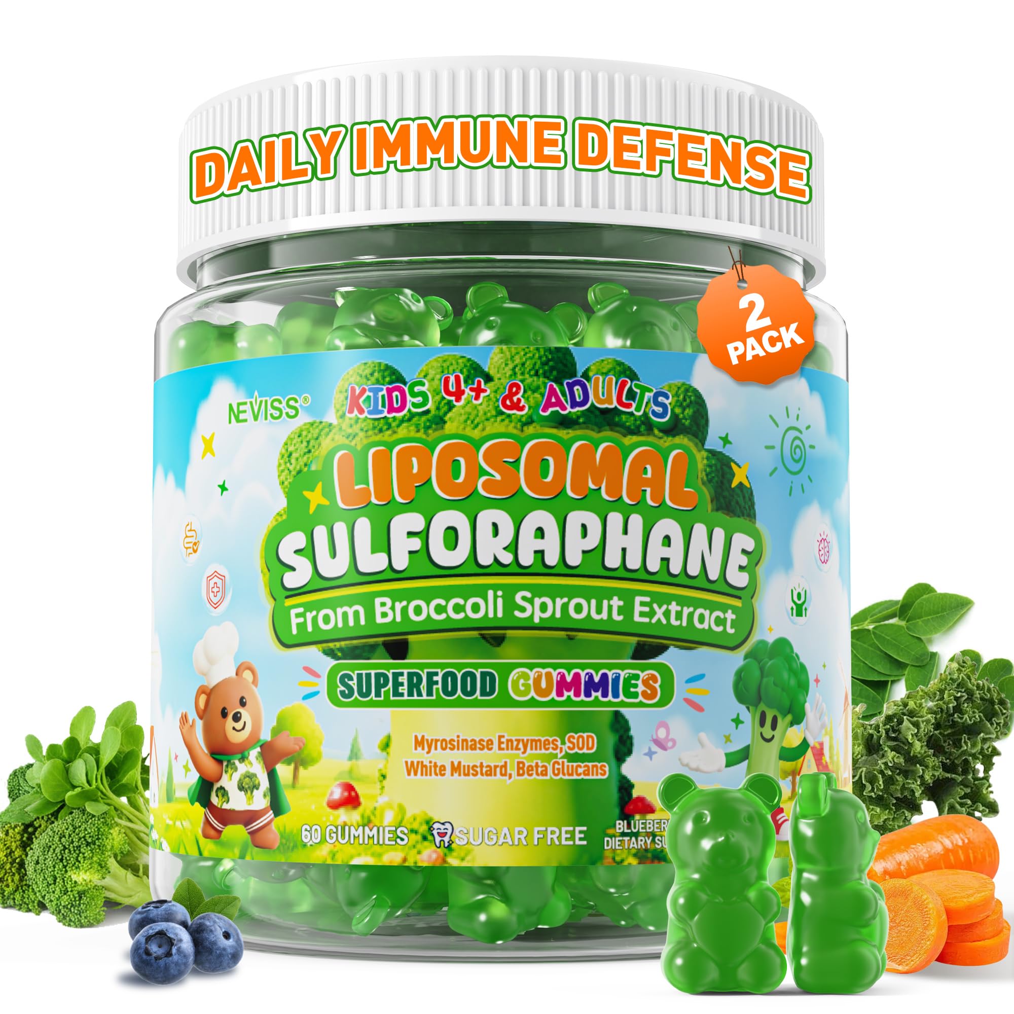 NEVISS Liposomal Sulforaphane Gummies front view, green bottle with label