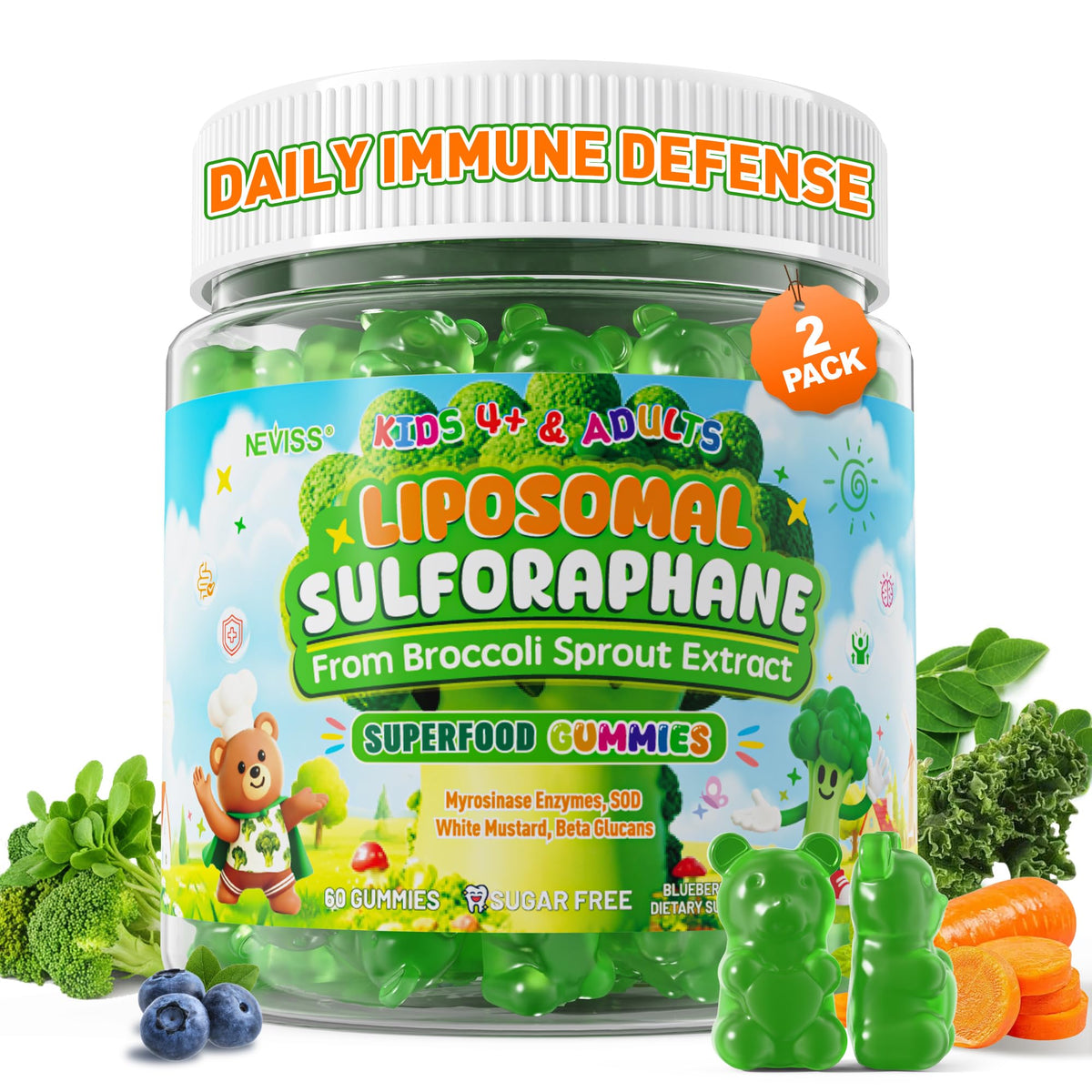 NEVISS Liposomal Sulforaphane Gummies front view, green bottle with label