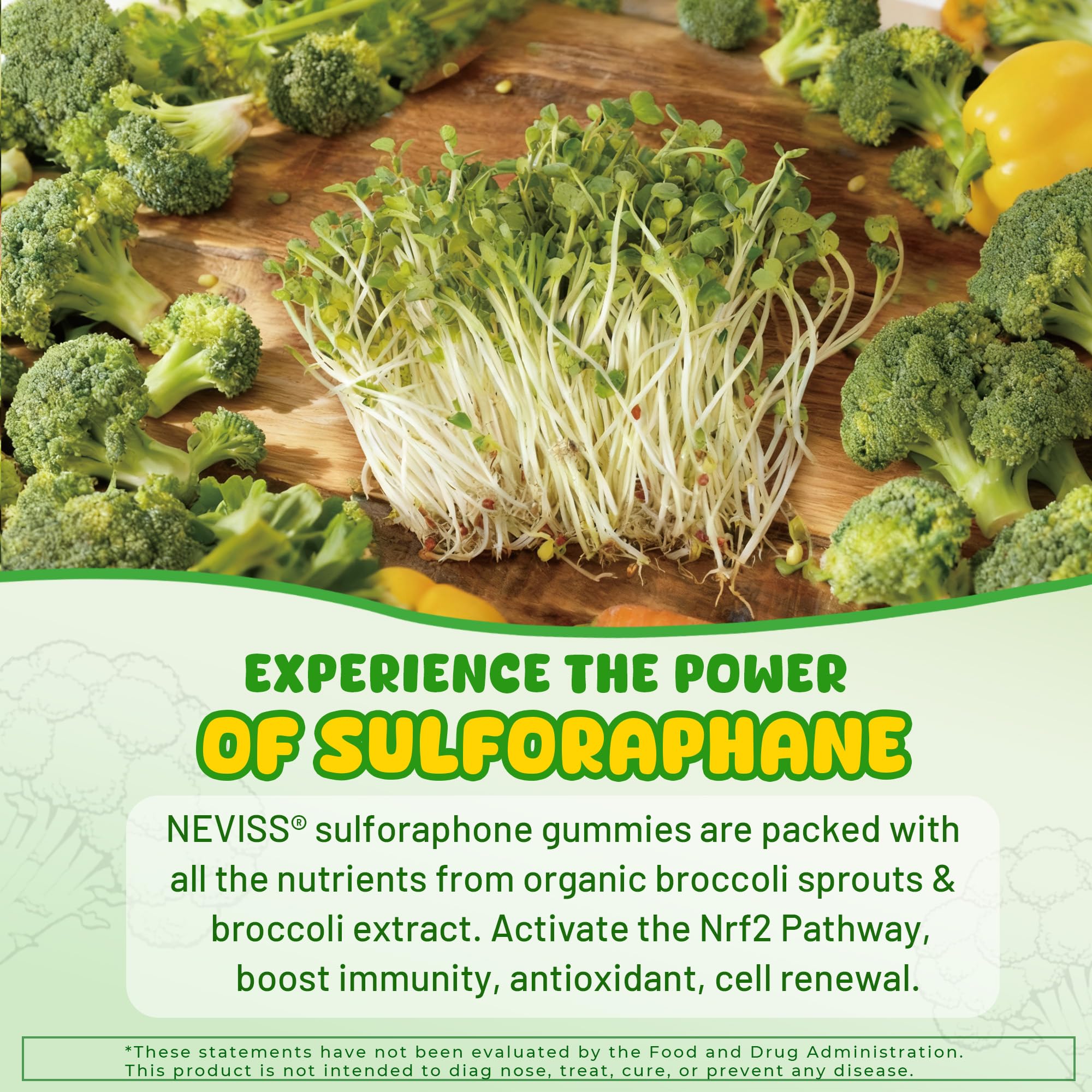 NEVISS Liposomal Sulforaphane Gummies with ingredients list on the back