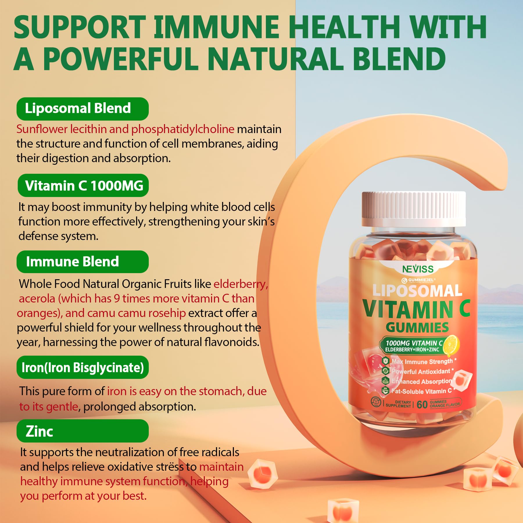 NEVISS Liposomal Vitamin C Gummies 1000mg fruity orange flavour