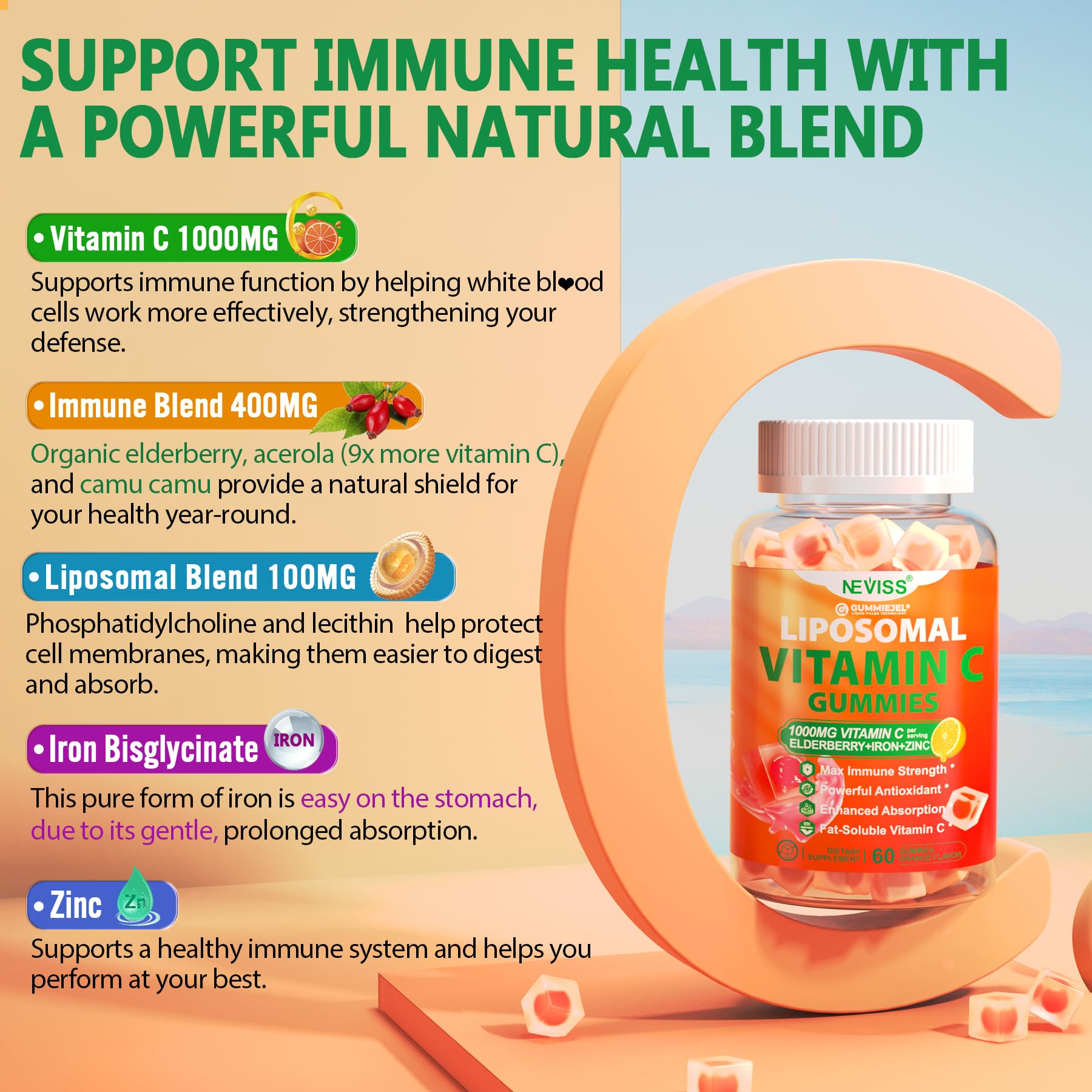 NEVISS Liposomal Vitamin C Gummies 1000mg side view