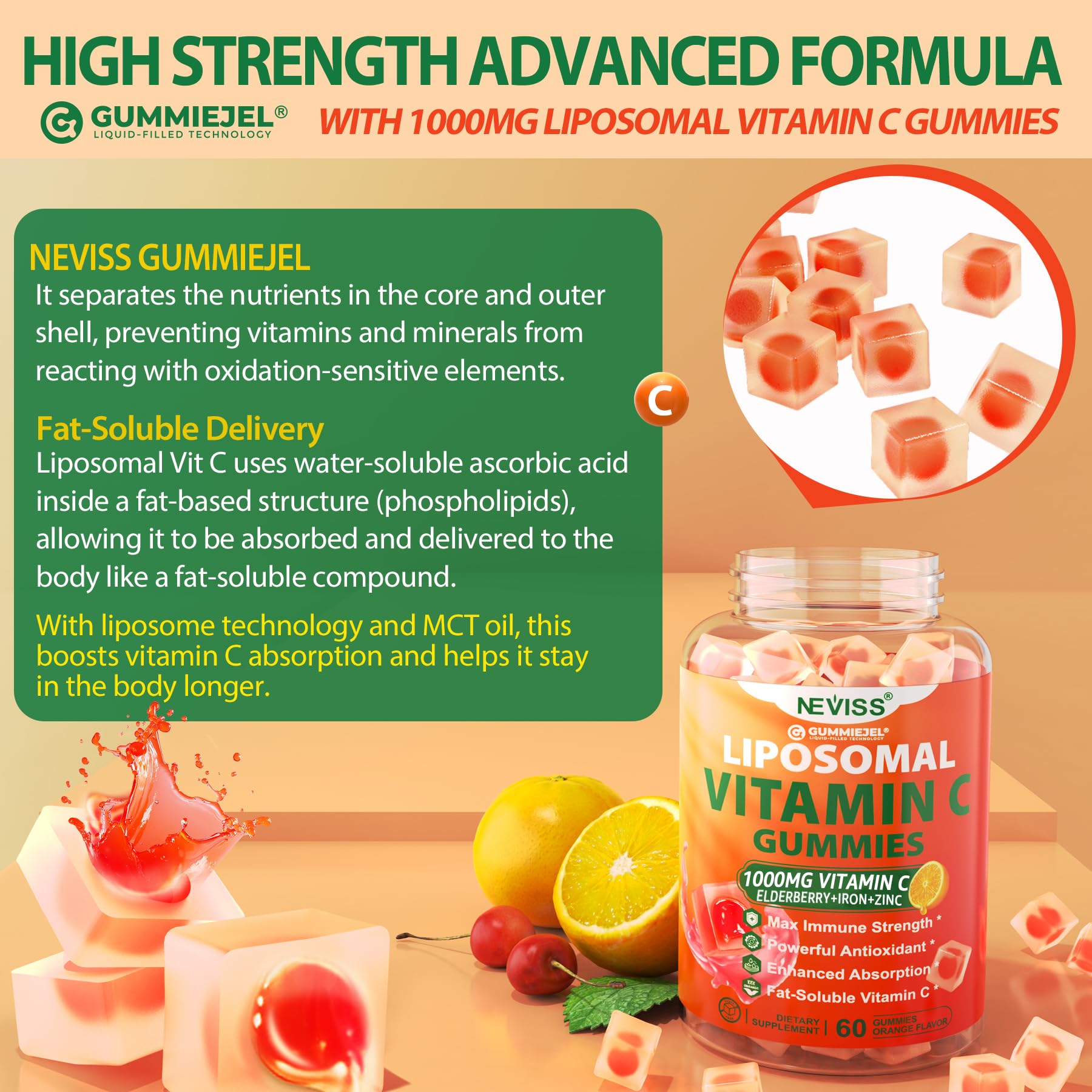 NEVISS Liposomal Vitamin C Gummies 1000mg with a measuring spoon