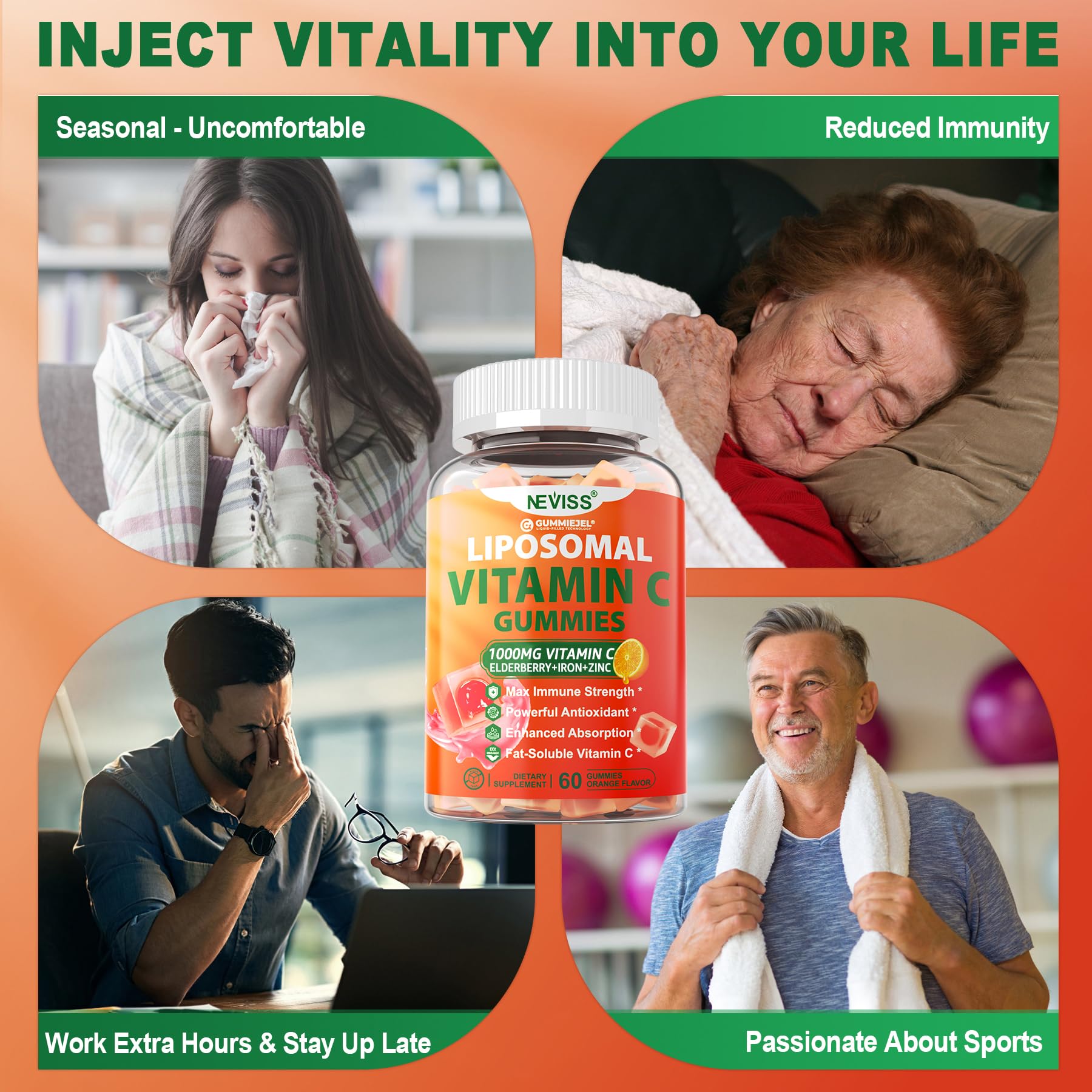 NEVISS Liposomal Vitamin C Gummies on a wooden table