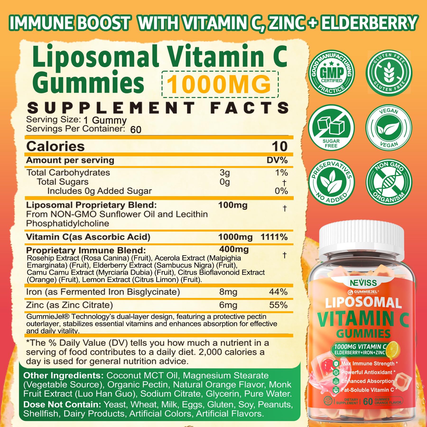 NEVISS Liposomal Vitamin C Gummies packaging side view