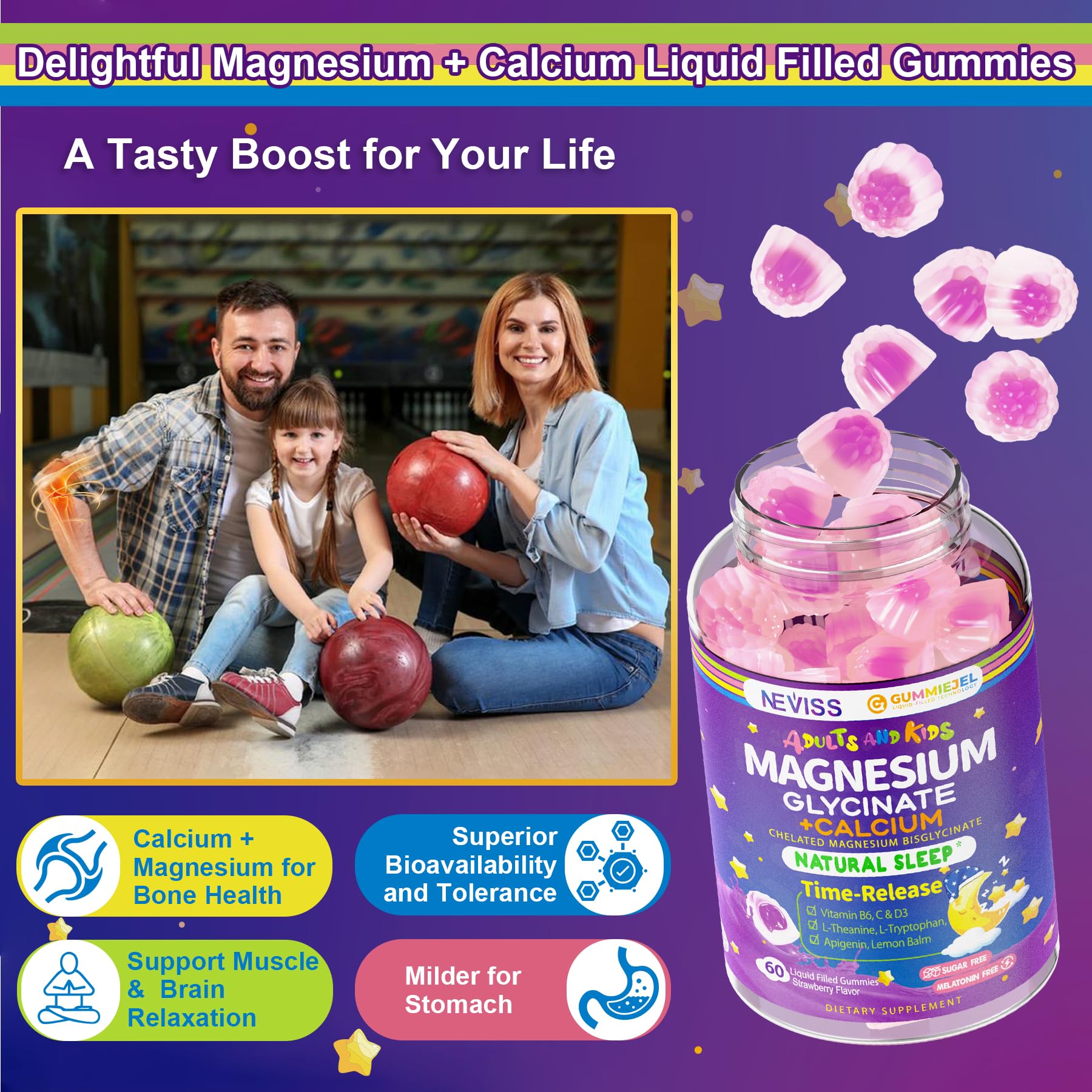 NEVISS Magnesium + Calcium Gummies with fresh strawberries