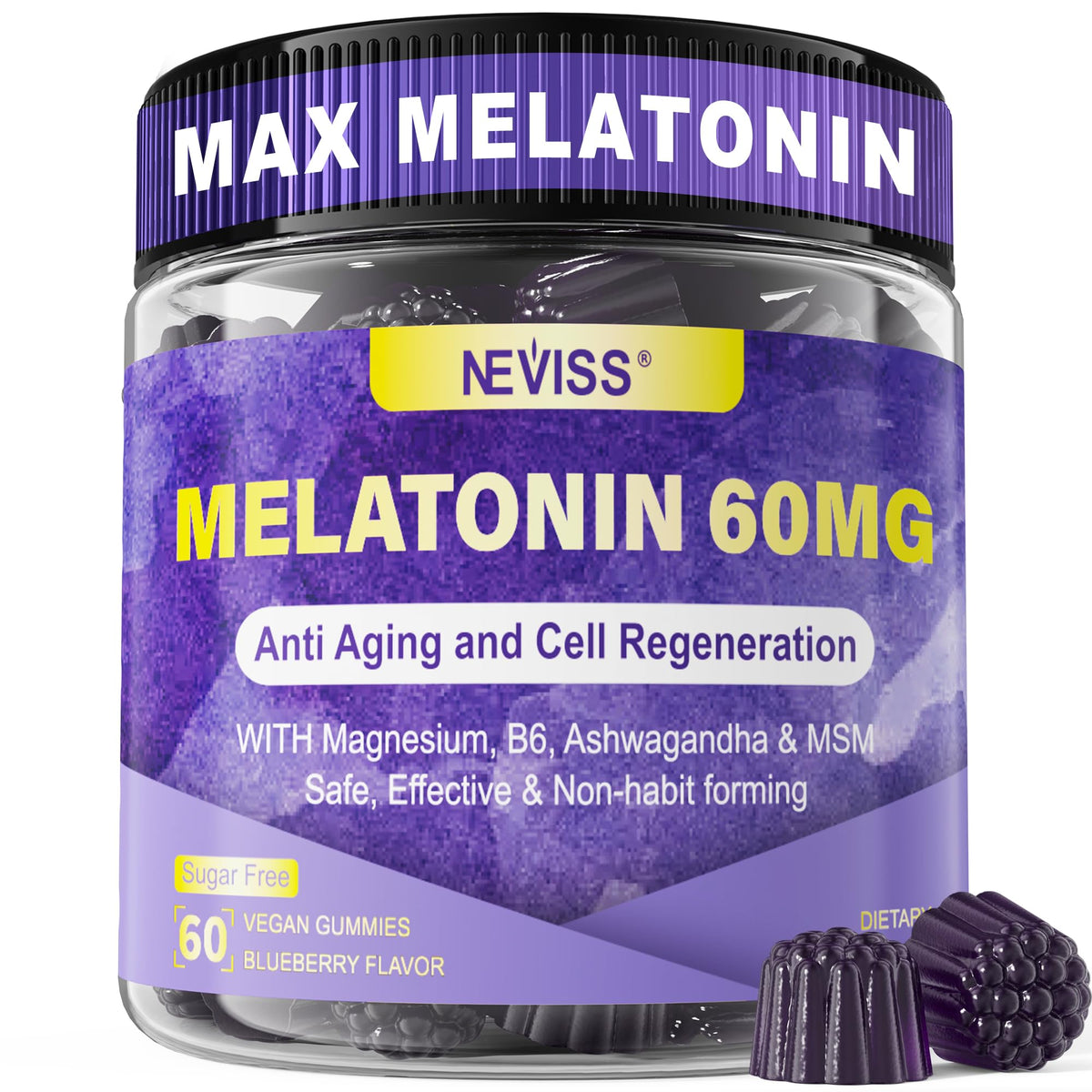 NEVISS Melatonin Gummies 60mg bottle front view
