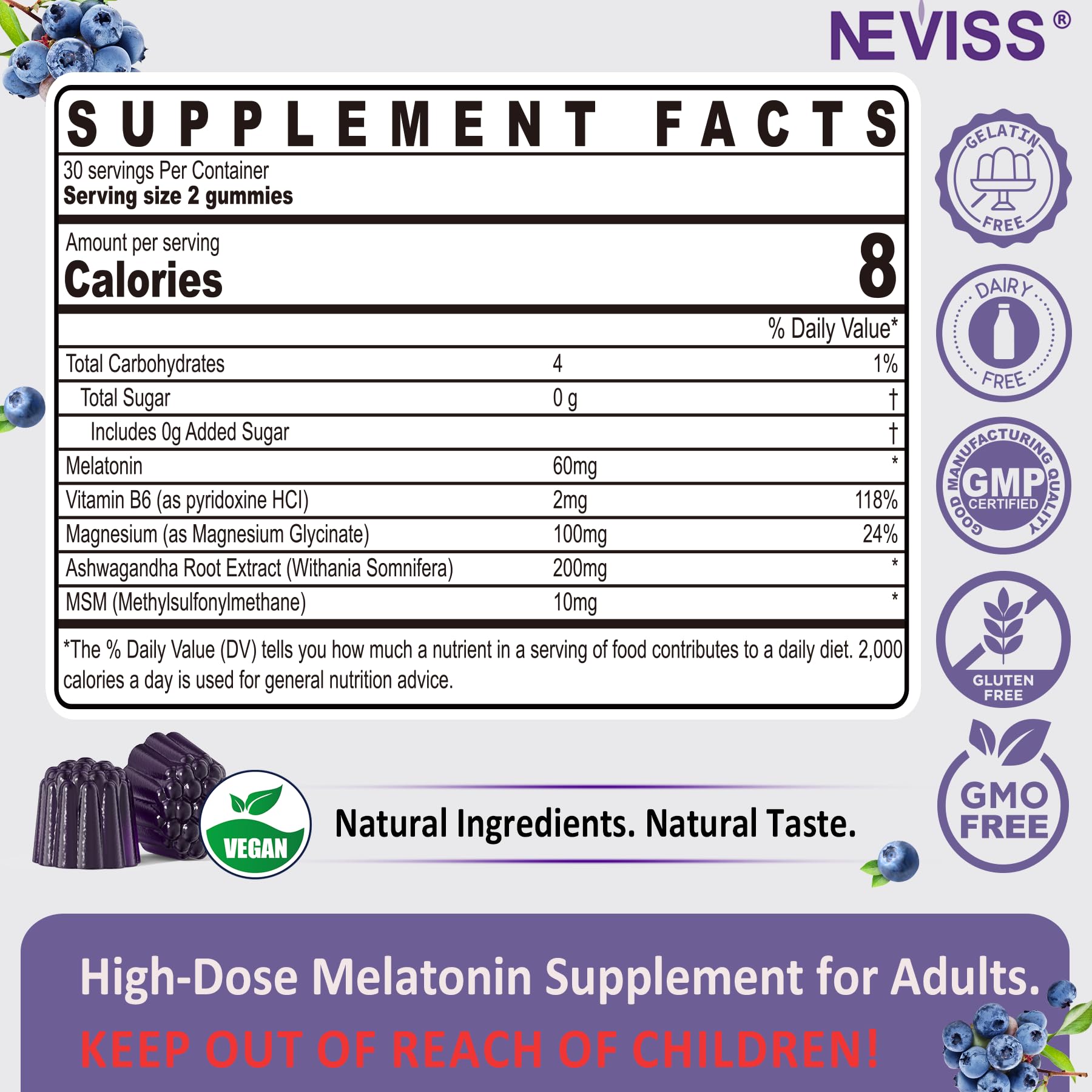 NEVISS Melatonin Gummies 60mg side view showing gummies