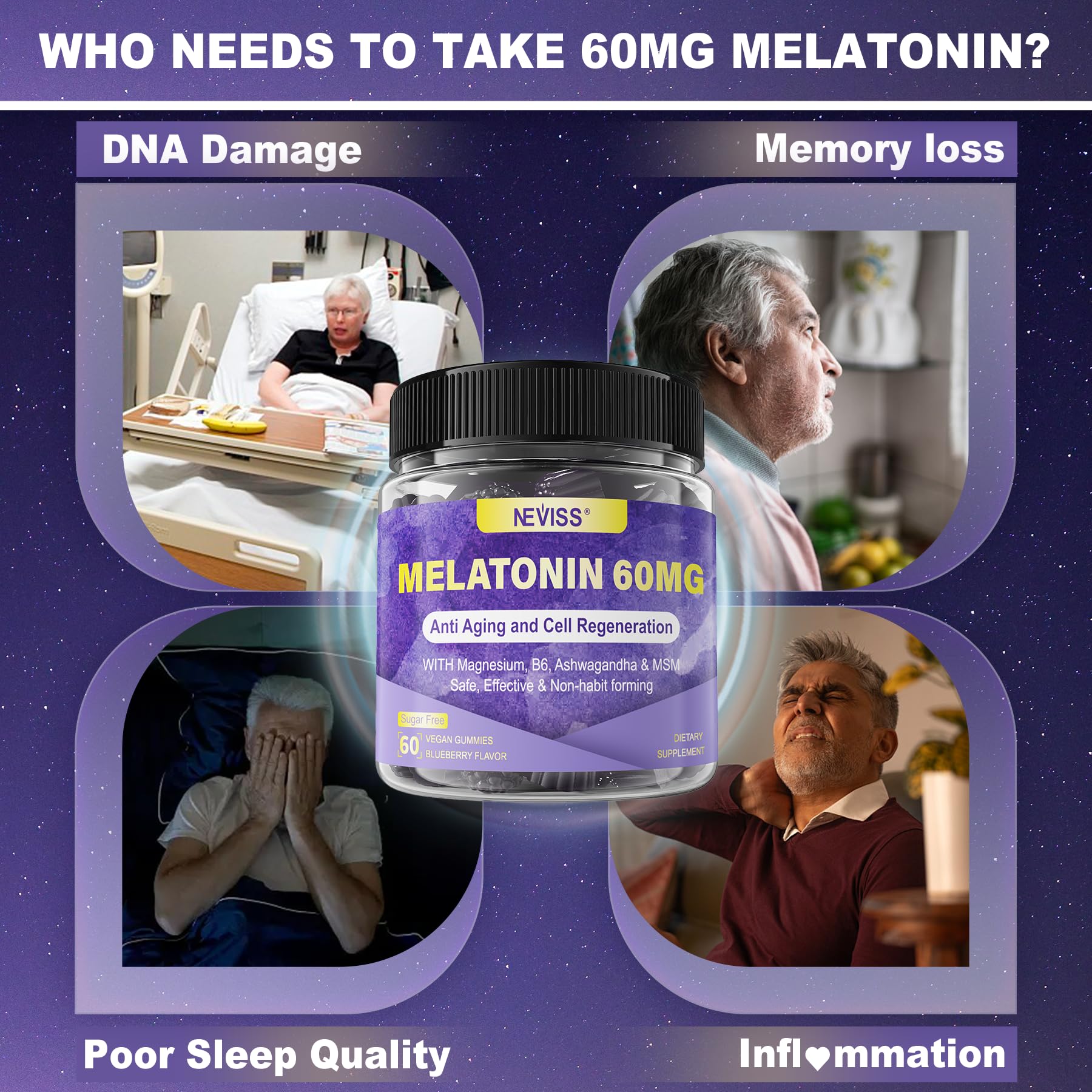 NEVISS Melatonin Gummies 60mg with a glass of water
