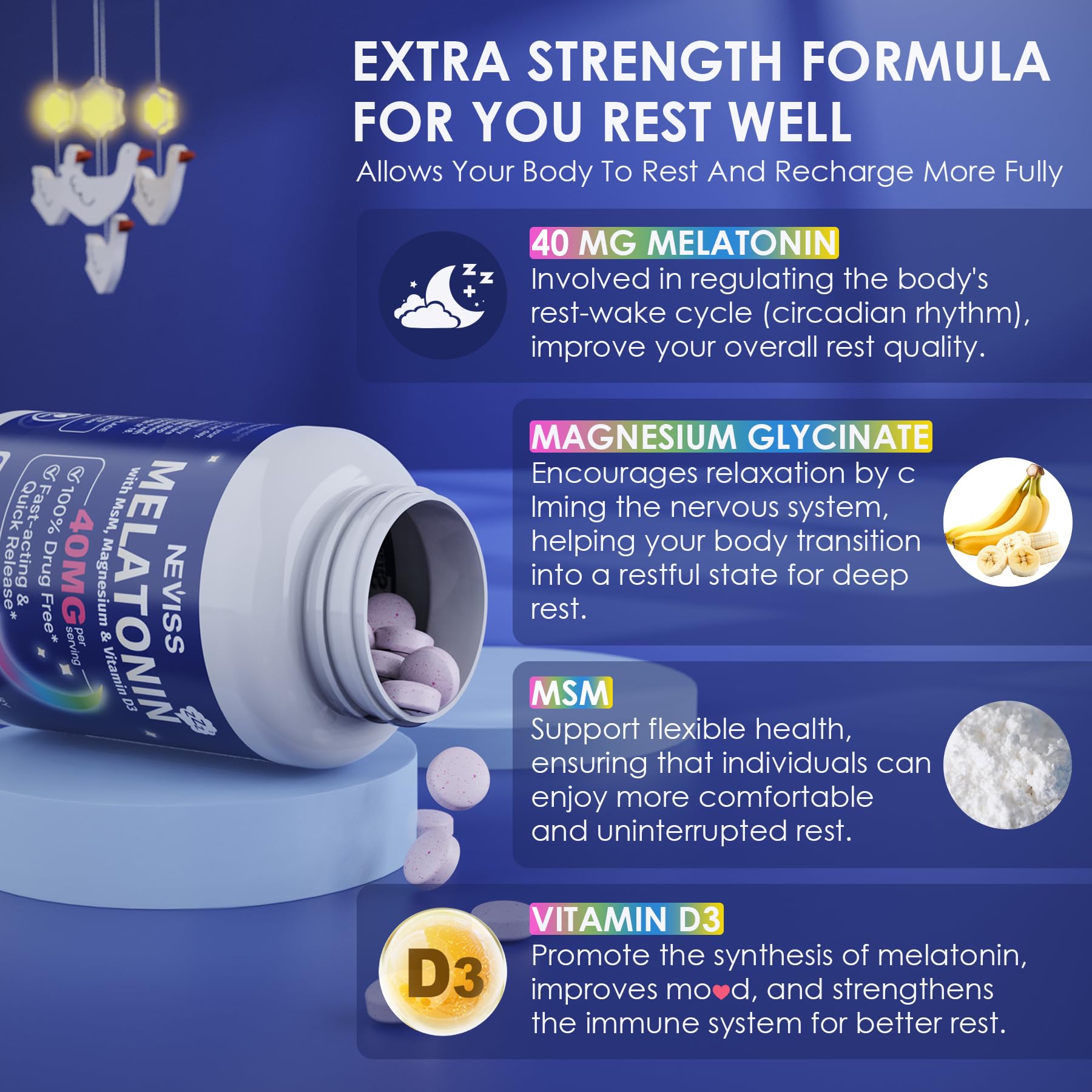 NEVISS Melatonin Sleep Supplement 40mg tablets in hand