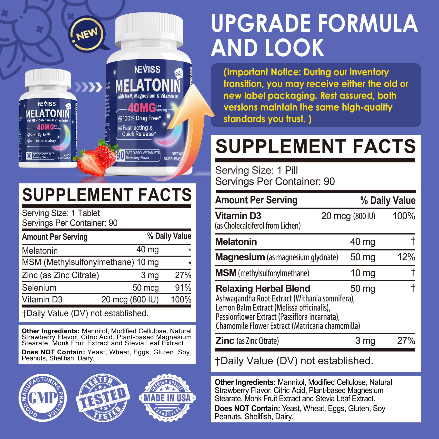 NEVISS Melatonin Sleep Supplement packaging with natural strawberry flavour