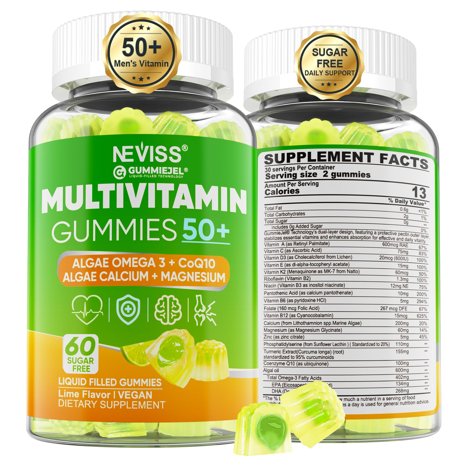 NEVISS Men's Multivitamin Gummies 50+ front view with packaging