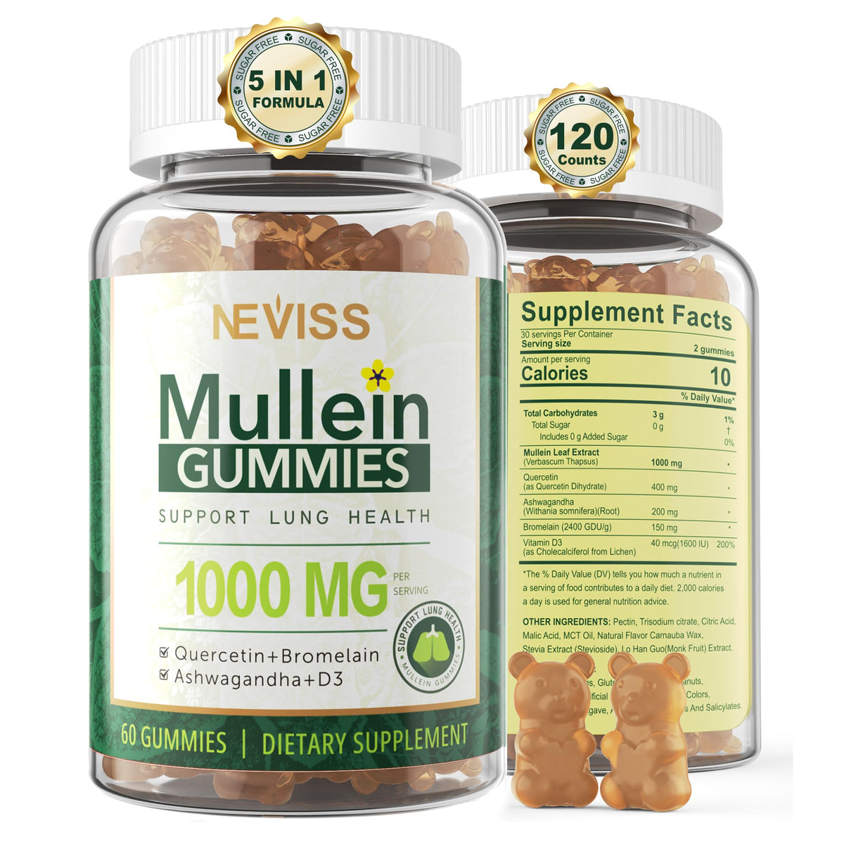 NEVISS Mullein Leaf Gummies front view with packaging