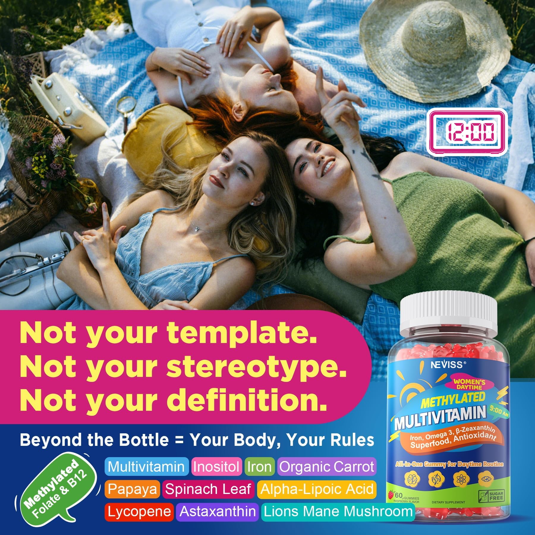 NEVISS Multivitamin Gummies with a backdrop of fresh fruits