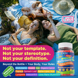 NEVISS Multivitamin Gummies with a backdrop of fresh fruits