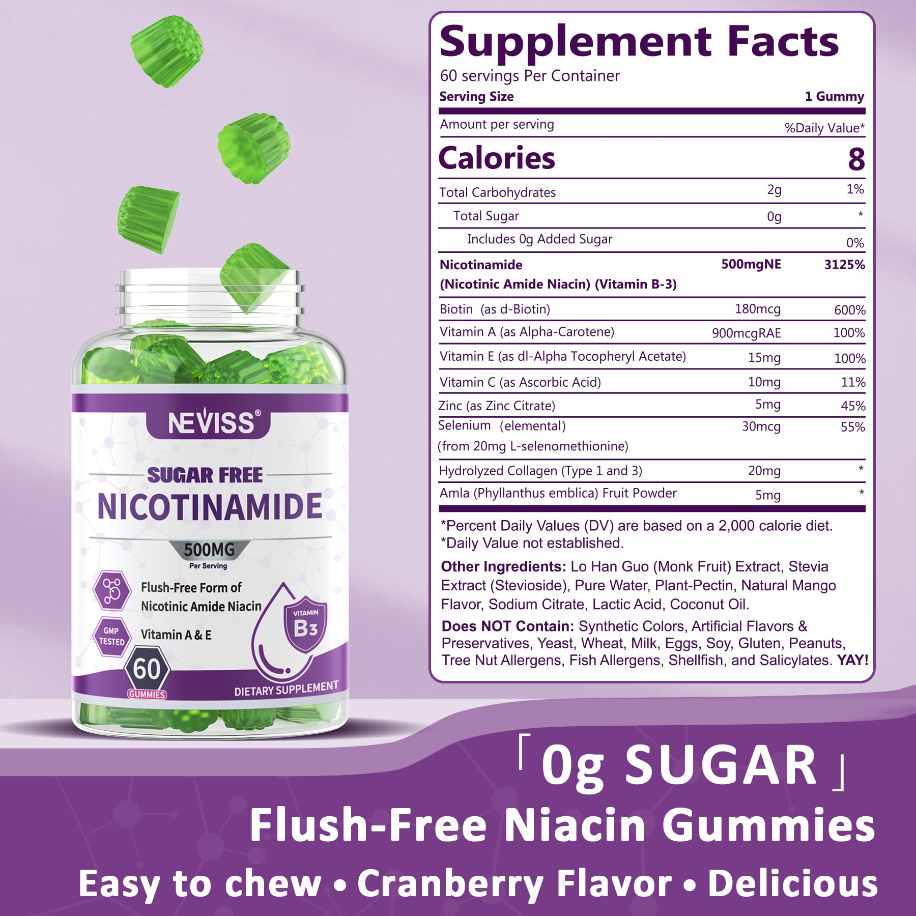 NEVISS Nicotinamide Gummies 500mg cranberry flavour