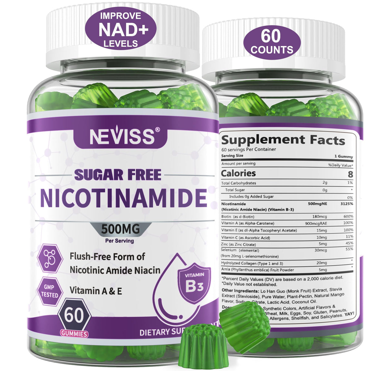 NEVISS Nicotinamide Gummies 500mg front view with cranberry flavour