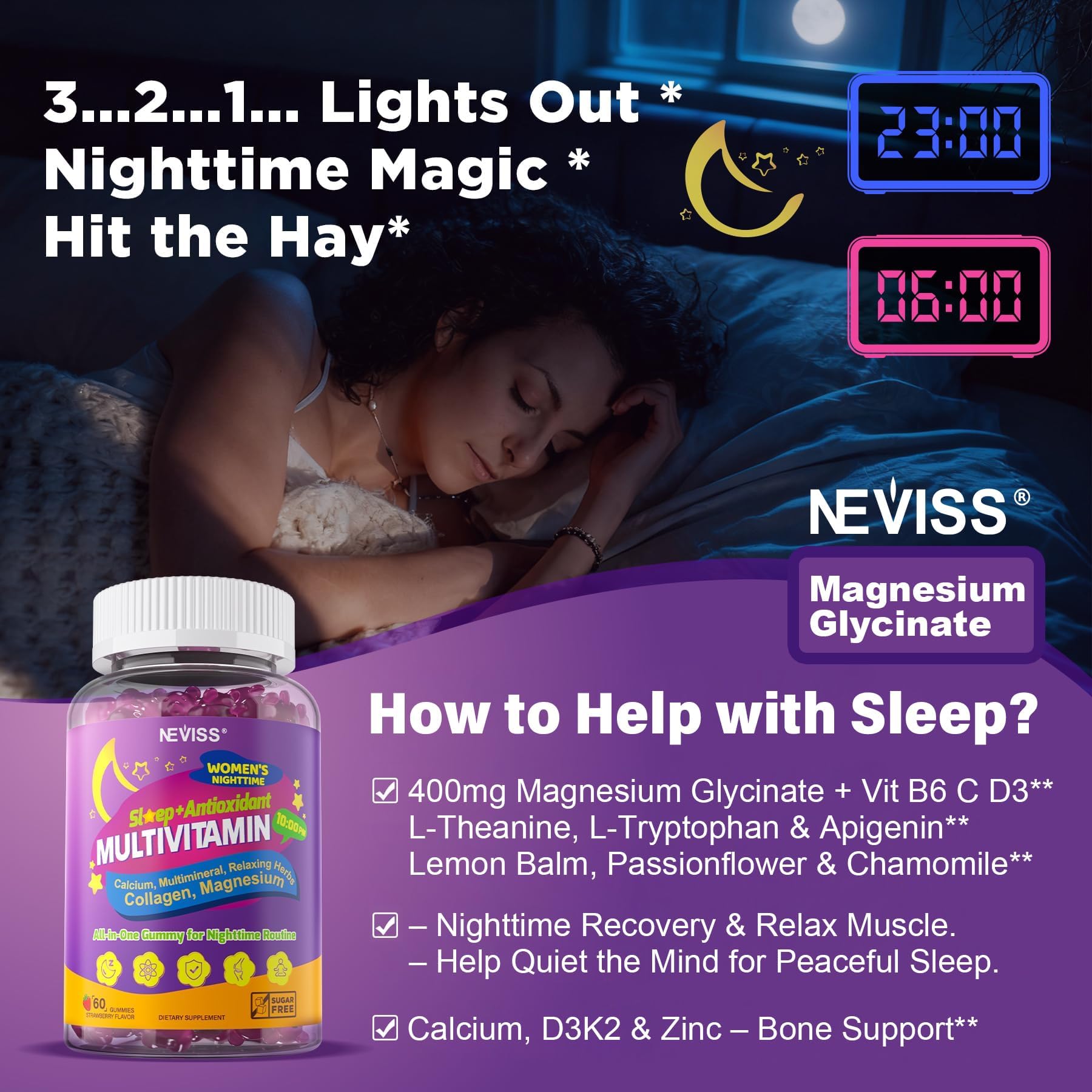 NEVISS Nighttime Multivitamin Gummies on a kitchen counter
