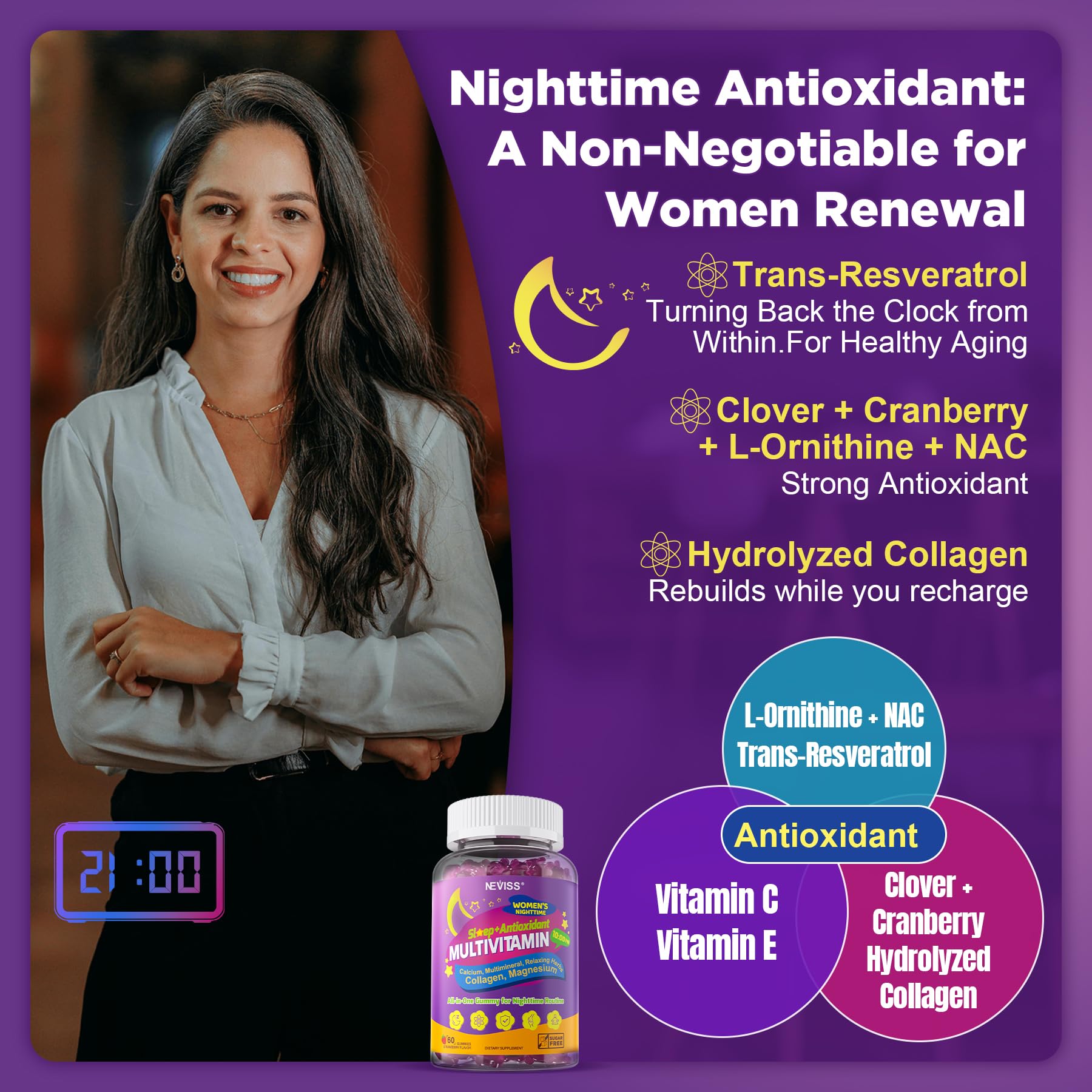 NEVISS Nighttime Multivitamin Gummies with a glass of water