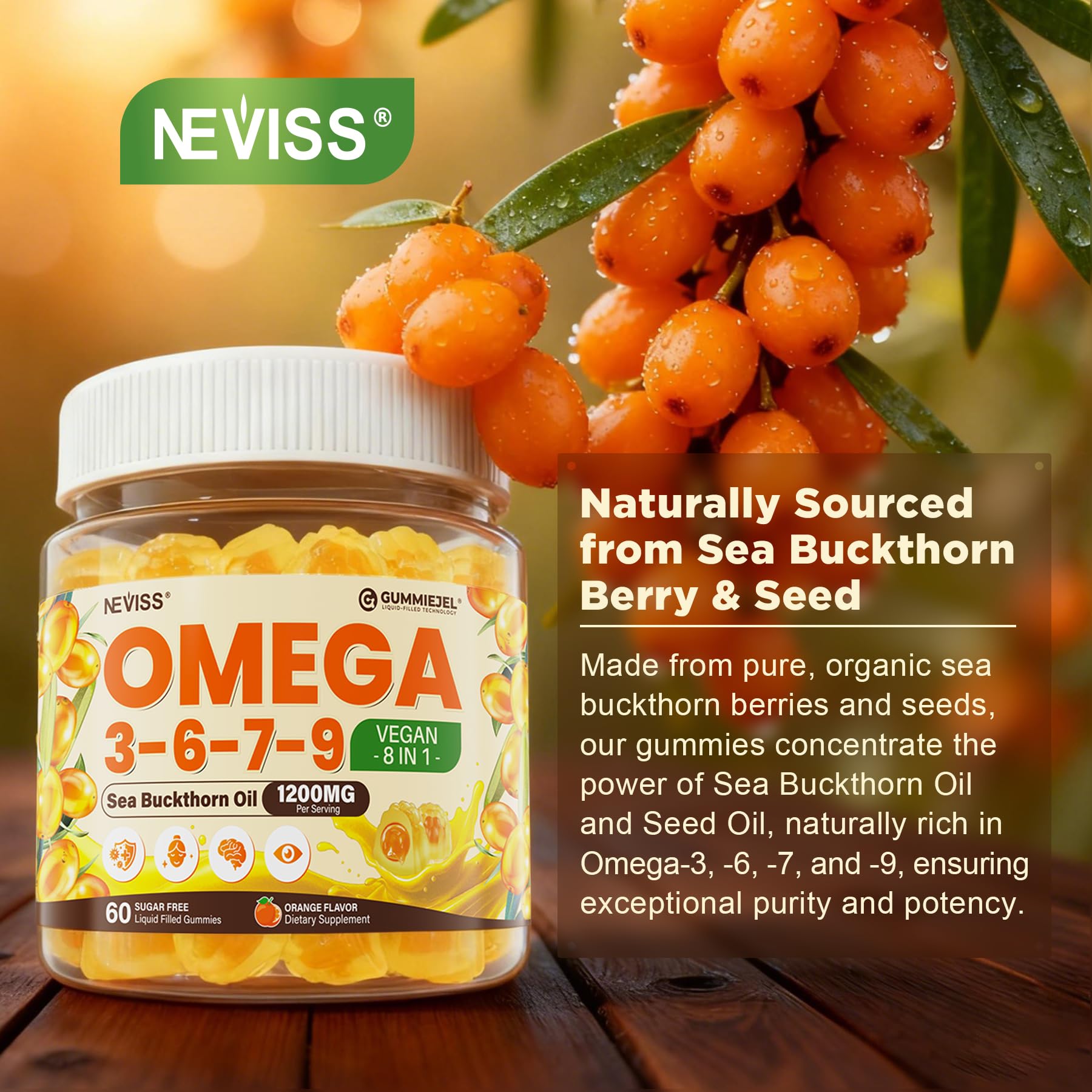NEVISS Omega 3-6-7-9 Gummies close-up of gummies