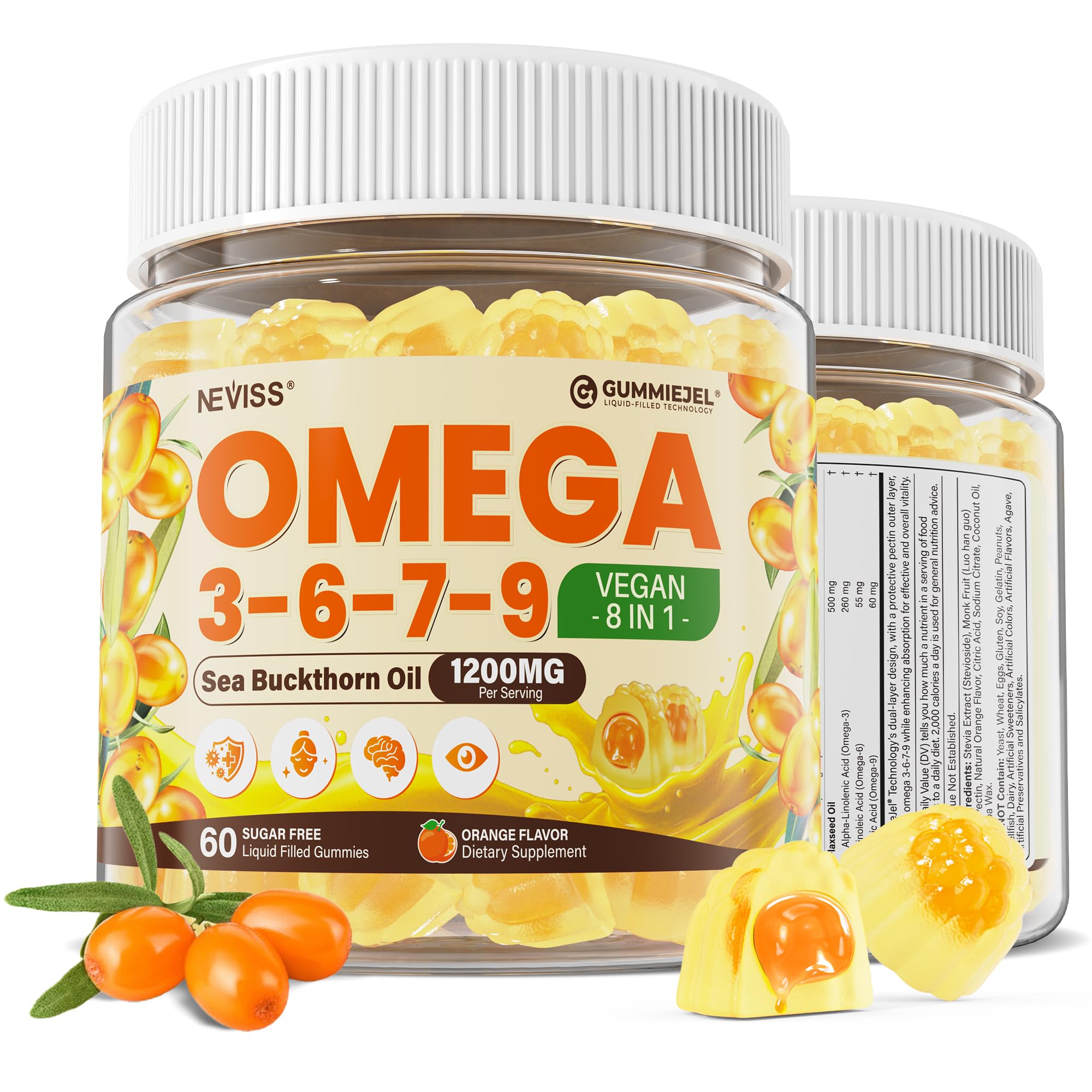 NEVISS Omega 3-6-7-9 Gummies front view with packaging