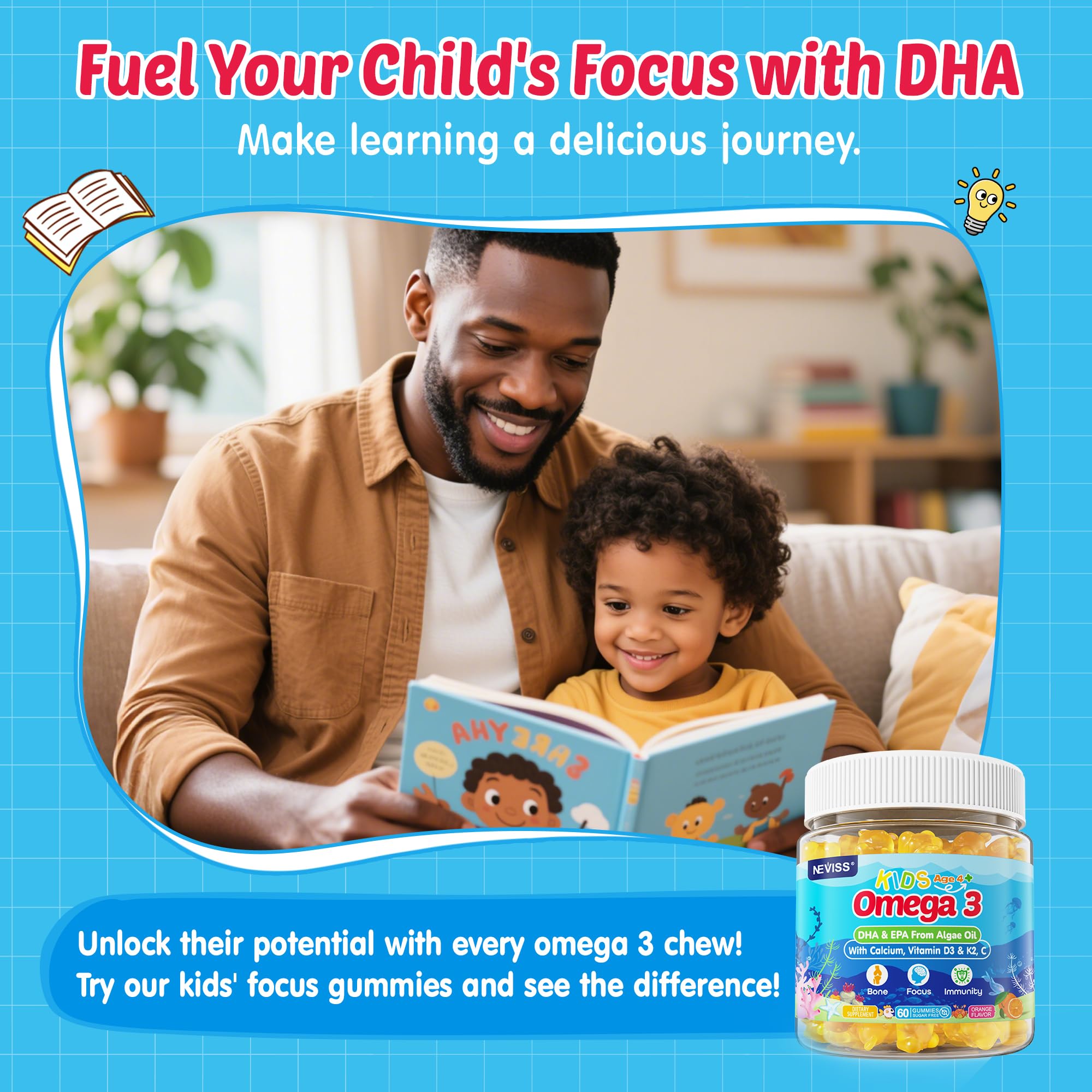 NEVISS Omega-3 Gummies for Kids displayed on a kitchen table